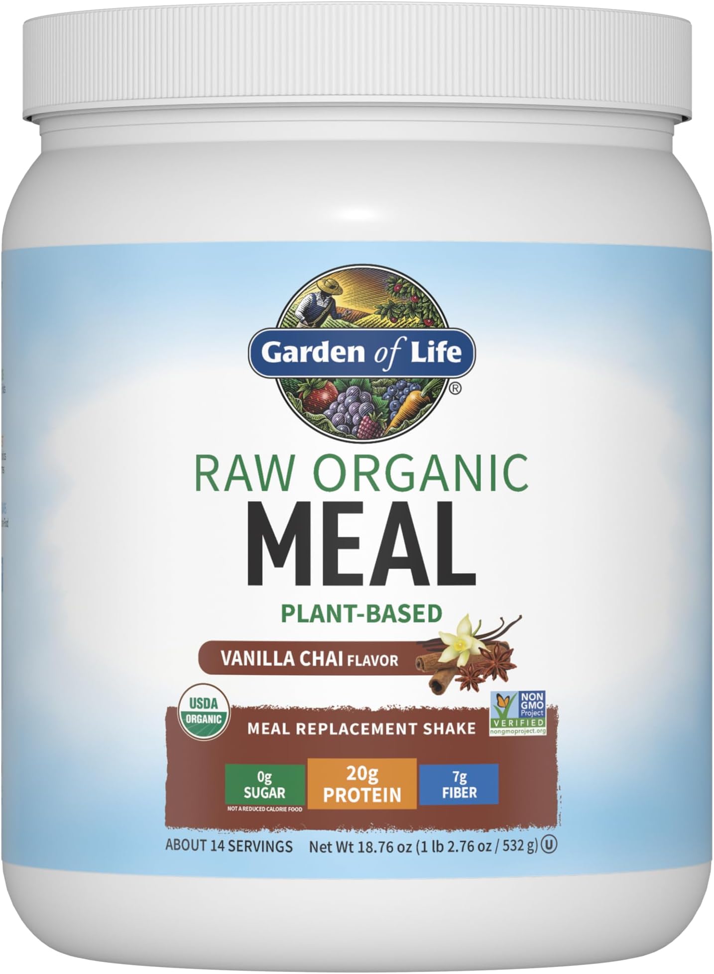 Meal Replacement Shakes, Vegan Protein Powder, Raw Organic Meal, Vanilla Chai Powder with Plant Based Pea Protein, Sprouts, Greens, Probiotics, Dairy Free 14 Servings