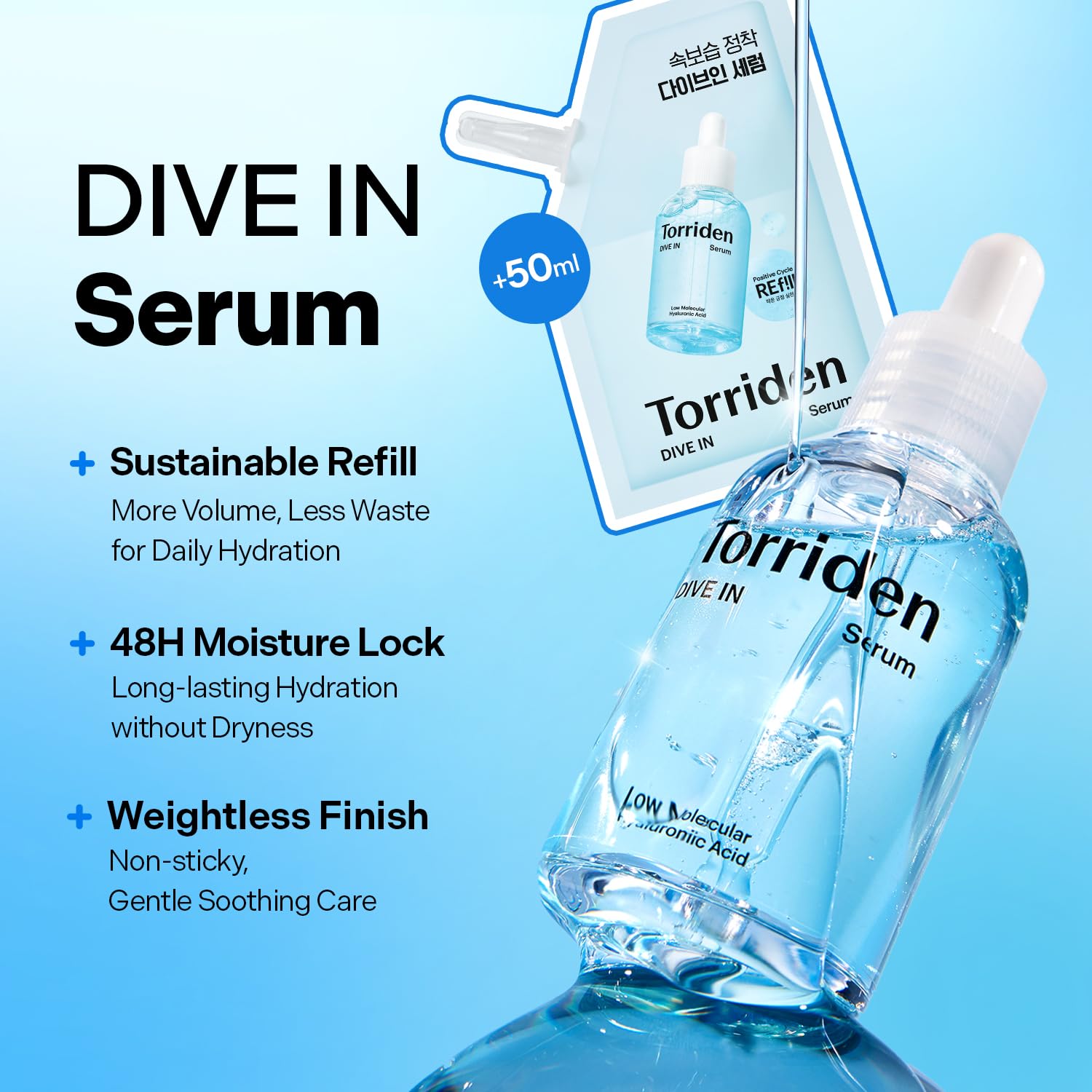 Torriden DIVE IN Serum 1.69 fl oz + refill pouch 1.69 fl oz | Deep Hydration to Get Glow Skin | Hyaluronic Acid, Panthenol, Allantoin | Korean Facial Serum