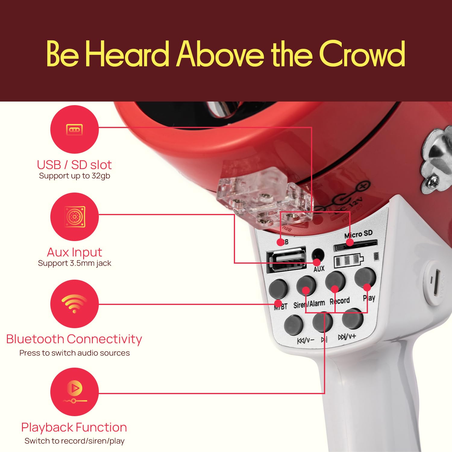 Portable Megaphone Speaker PA Bullhorn - Built-in Siren, 50W Adjustable Volume Control & 1200 Yard Range - Ideal for Any Outdoor Sports, Cheerleading Fans & Coaches or for Safety Drills - Pyle PMP52BT