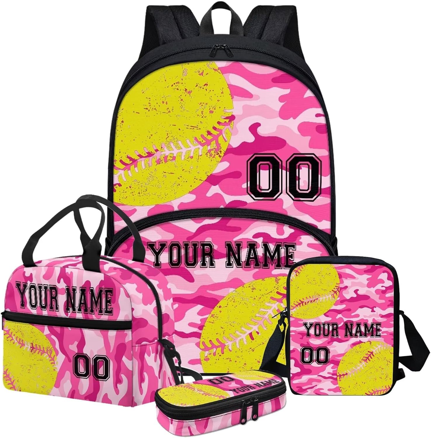 Howilath Pink Camo Softball Pattern Customized Name School Backpack for Kids Backpack with Lunch, Cute Bookbag for Teens School Student Casual Travel Schoolbag