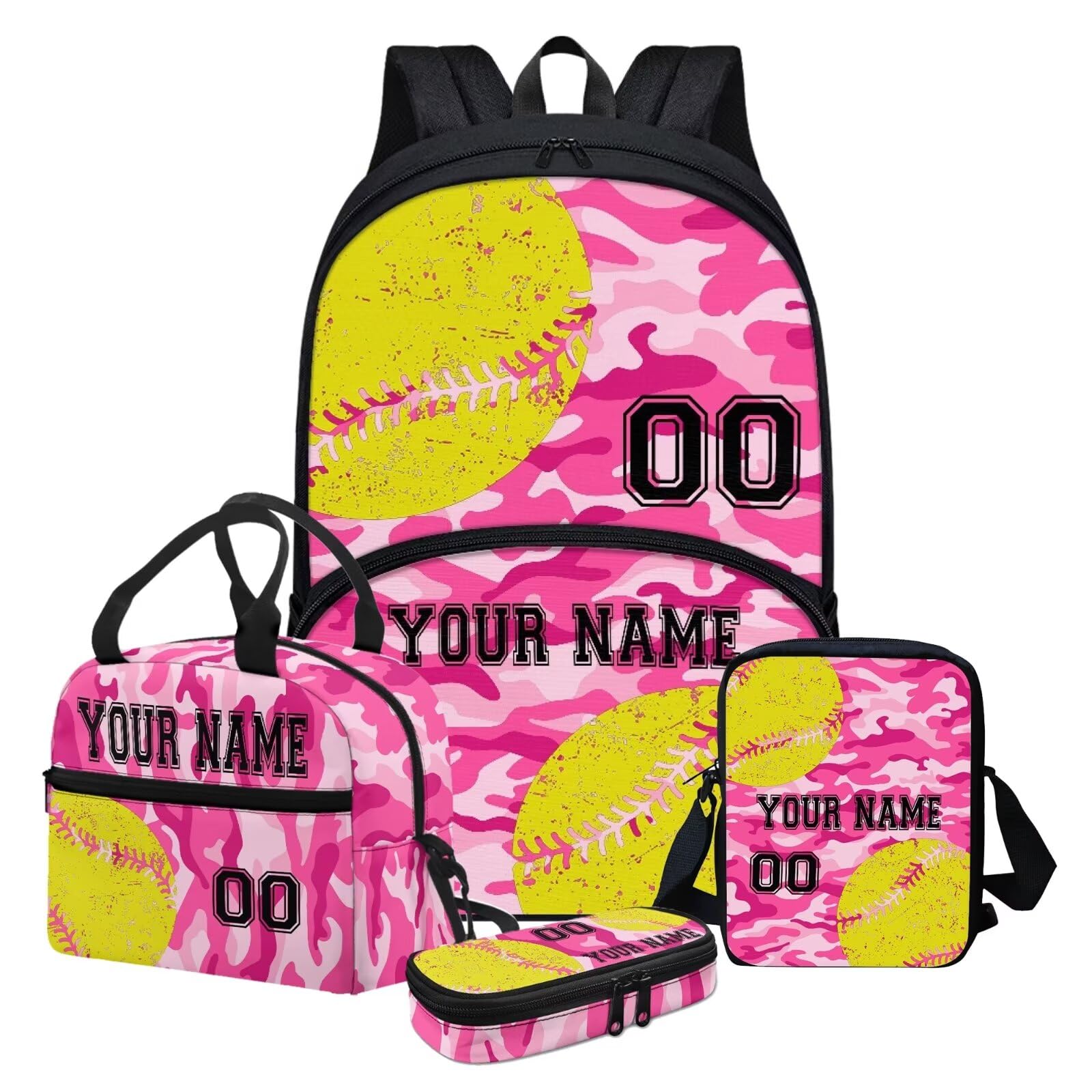 Howilath Pink Camo Softball Pattern Customized Name School Backpack for Kids Backpack with Lunch, Cute Bookbag for Teens School Student Casual Travel