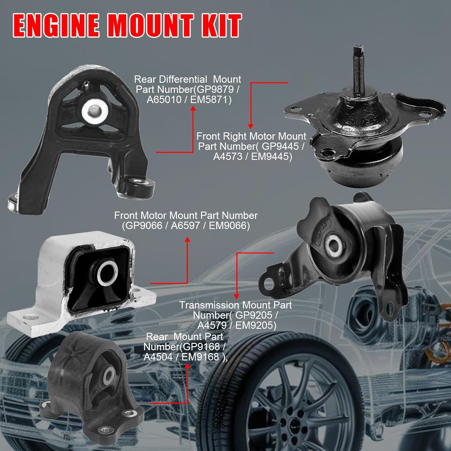 5Pcs Engine Motor & Transmission Mount Kit Replacement for Honda Element 2.4L 4WD 2003 2004 2005 2006 2007 2008 2009 2010, Manual Trans Replace OE A4579, A4573, A65010, A4504, A6597