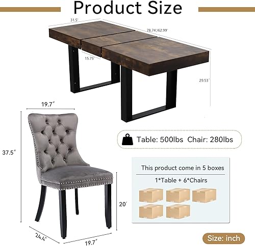 Miniatura 3 de Goujxcy Juego de mesa de comedor extensible de 7 piezas para 6, 63-78 pulgadas, juego de mesa de cocina marrón rústico con 6 sillas grises copetudas