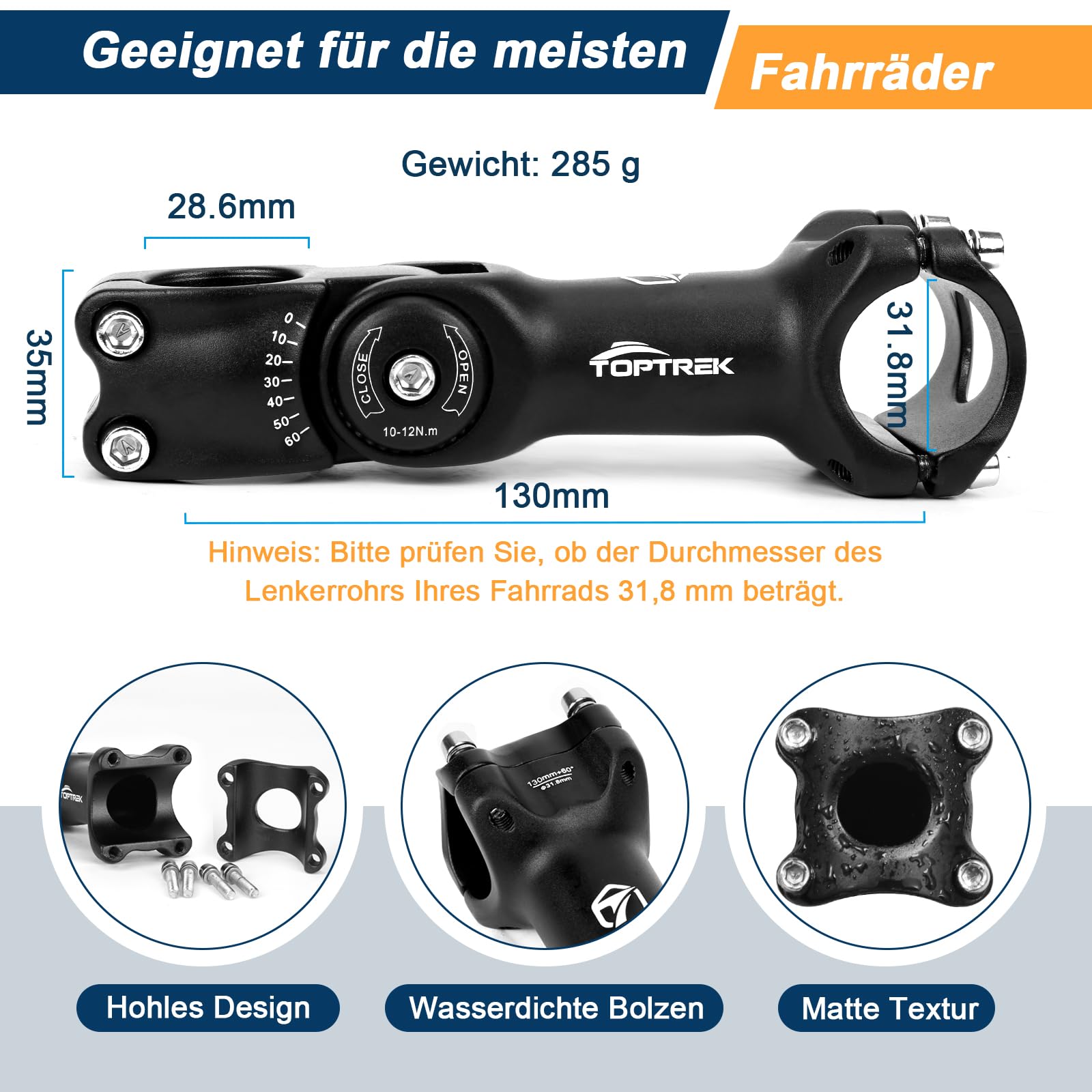 toptrek Fahrradlenker Vorbau, Lenkererhöhung Fahrrad 31,8mm, 130mm Fahrrad Lenker Aluminium, Lenkervorbau Verstellbar ±60° Einstellbar, Fahrradlenker Erhöhung Sechseckiges Lochdesign für MTB, Rennrad