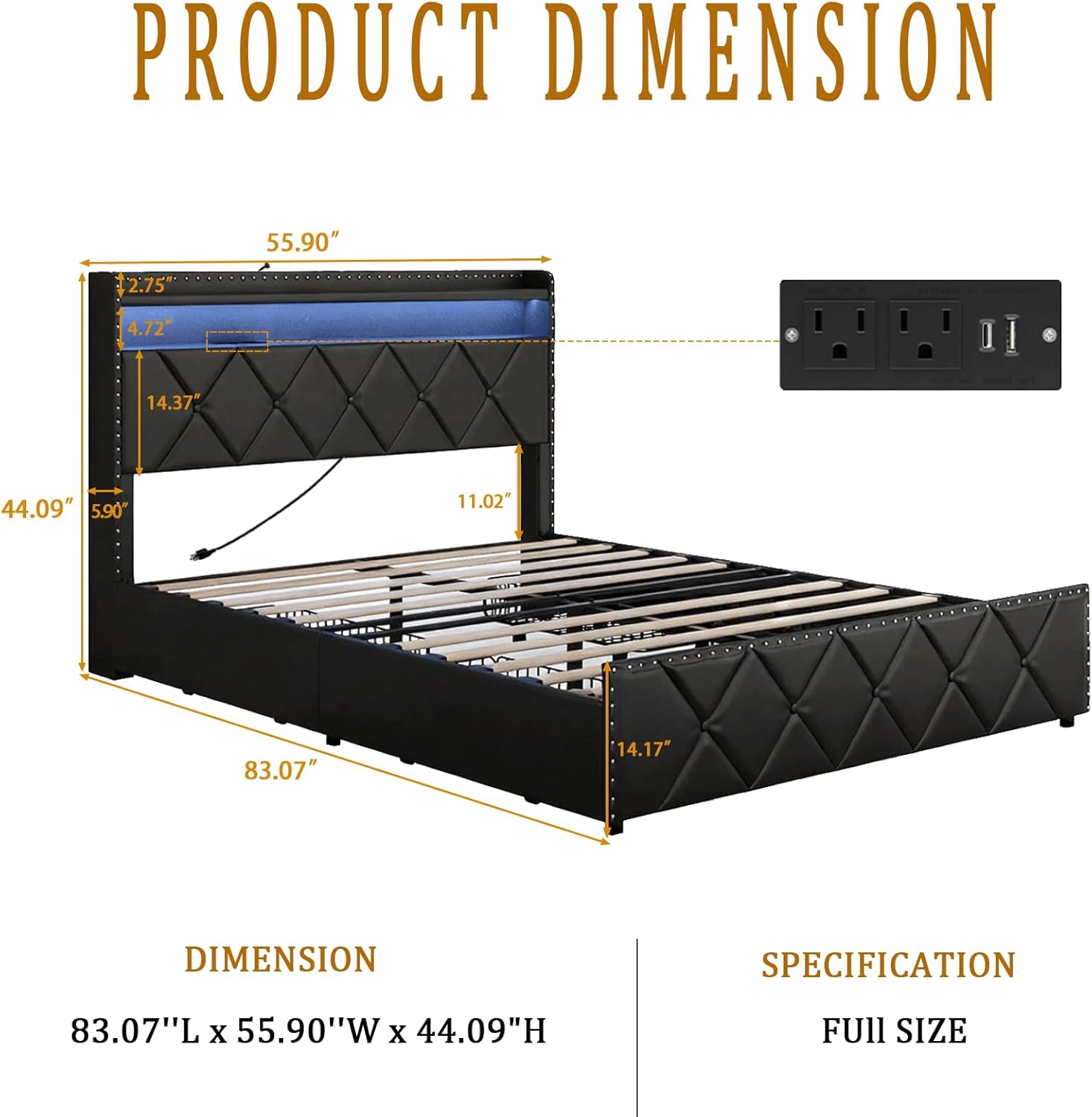 Full Size Upholstered Bed Frame with 2 Drawers and Square Stitched Button, Bed Frame with Charging Station and LED Lights, Upholstered Headboard with 2-Tier Storage Shelves, Black