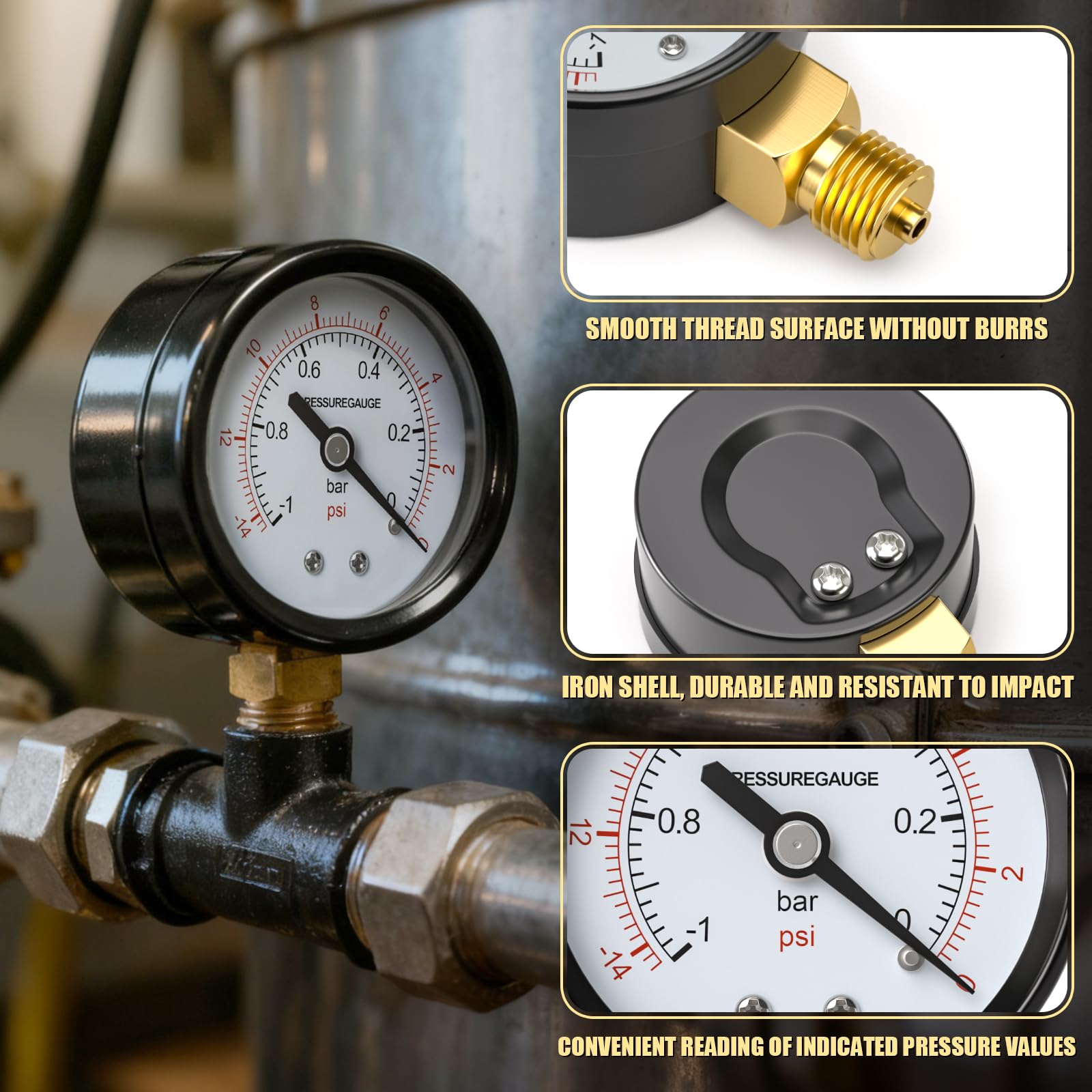 1 Pz 50mm Manometro per vuoto BSP 1/4“ -1~0 Bar -14~0 Psi con 2 pezzi boccola 1/4” a 3/8“, 1/4” a 1/2“ e 1 pezzo nipplo esagonale di riduzione 1/4” a 1/8”, un nastro di teflon, radiale