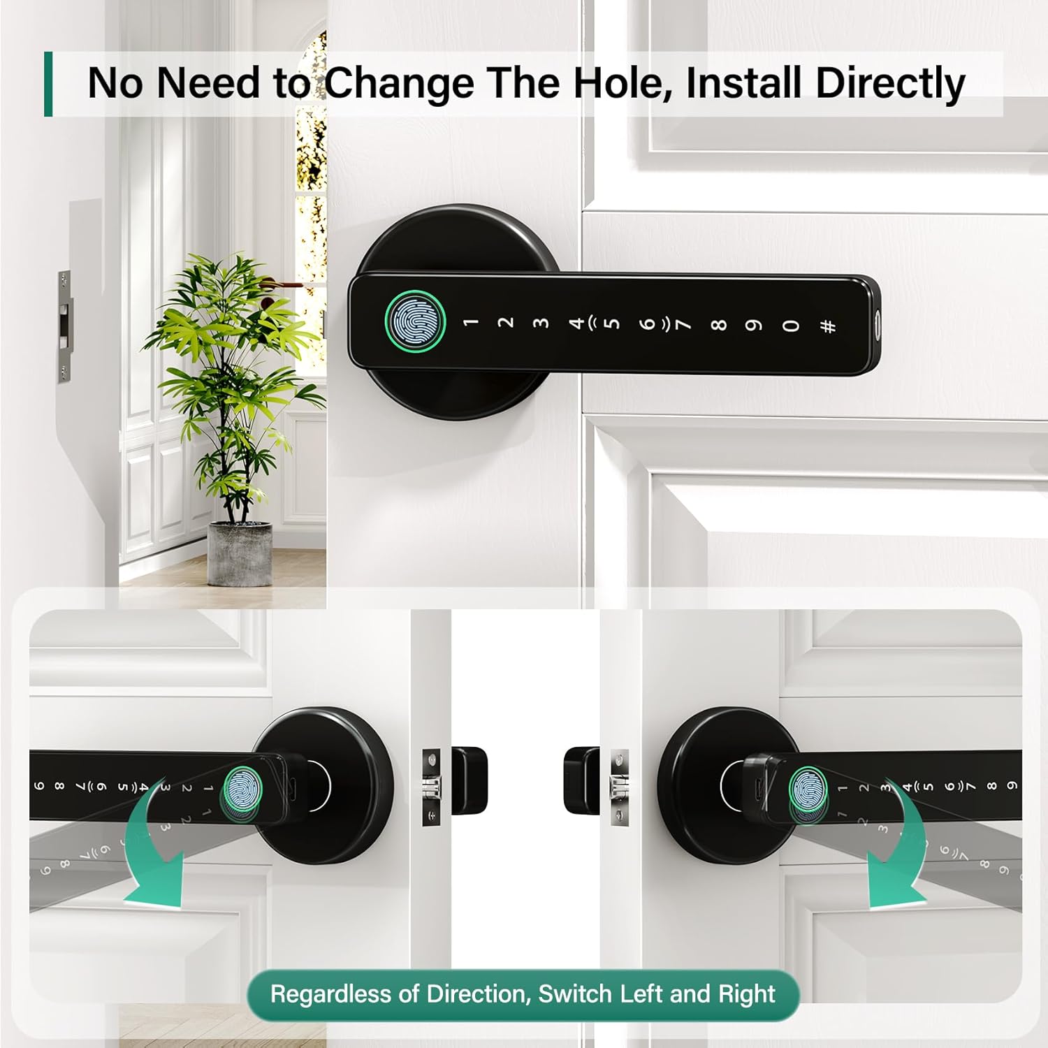 TCFUNDY Keyless Entry Fingerprint Smart Door Lock with Handle, Digital Electronic Lock with Touchscreen Keypad, Door Locks for Bedrooms/Front Door/Apartment, Generate Password Remotely