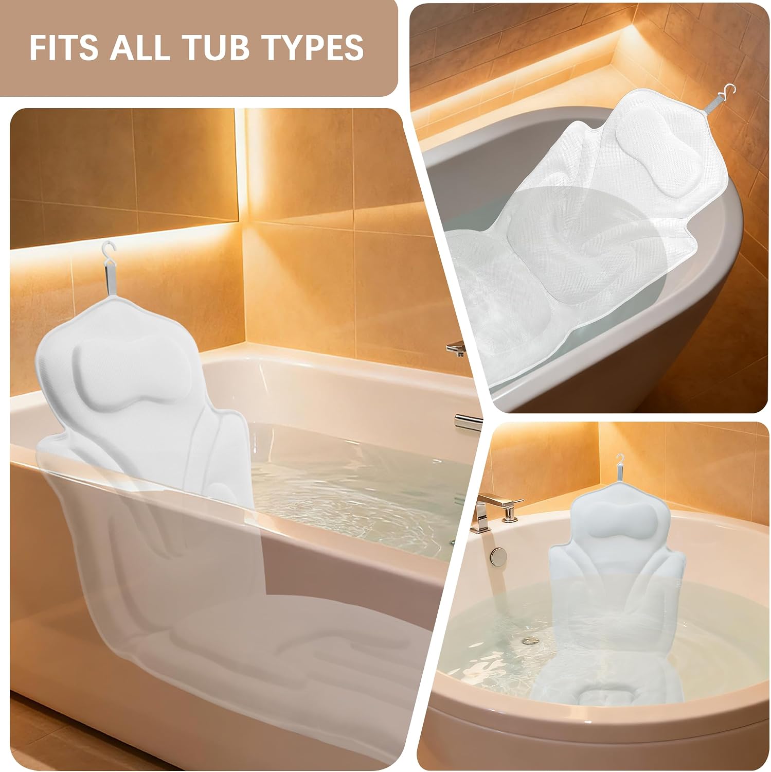 59'' Full Body Bath Pillow for Bathtub 6D Air Mesh 144 Suction Cups