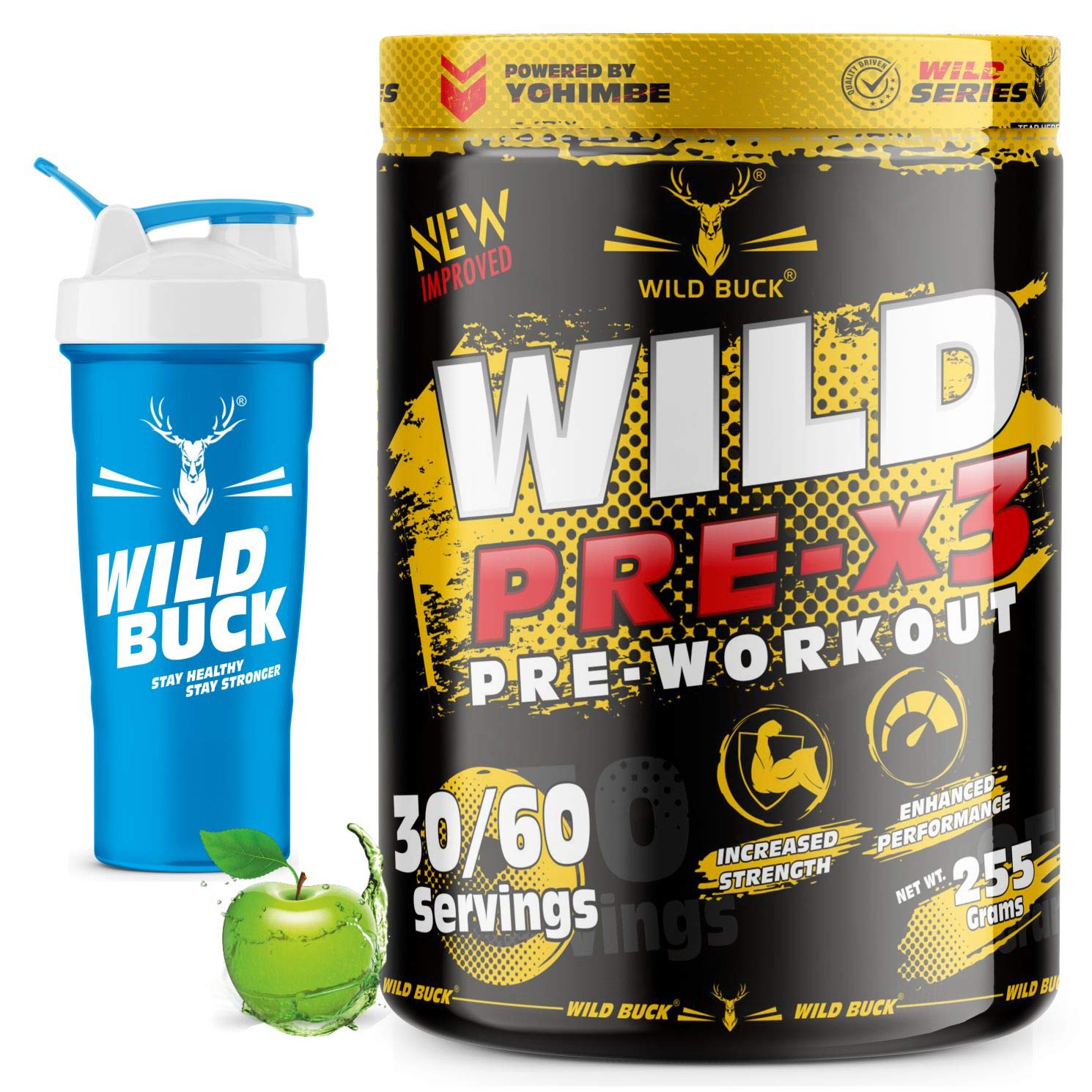 WILD BUCK Wild Pre-X3 Hardcore Pre-Workout Supplement Powder With Creatine Monohydrate, Arginine Aakg, Explosive Muscle Pump -For Men & Women [30-60 Servings, Green Apple, 255 gram] Free Shaker