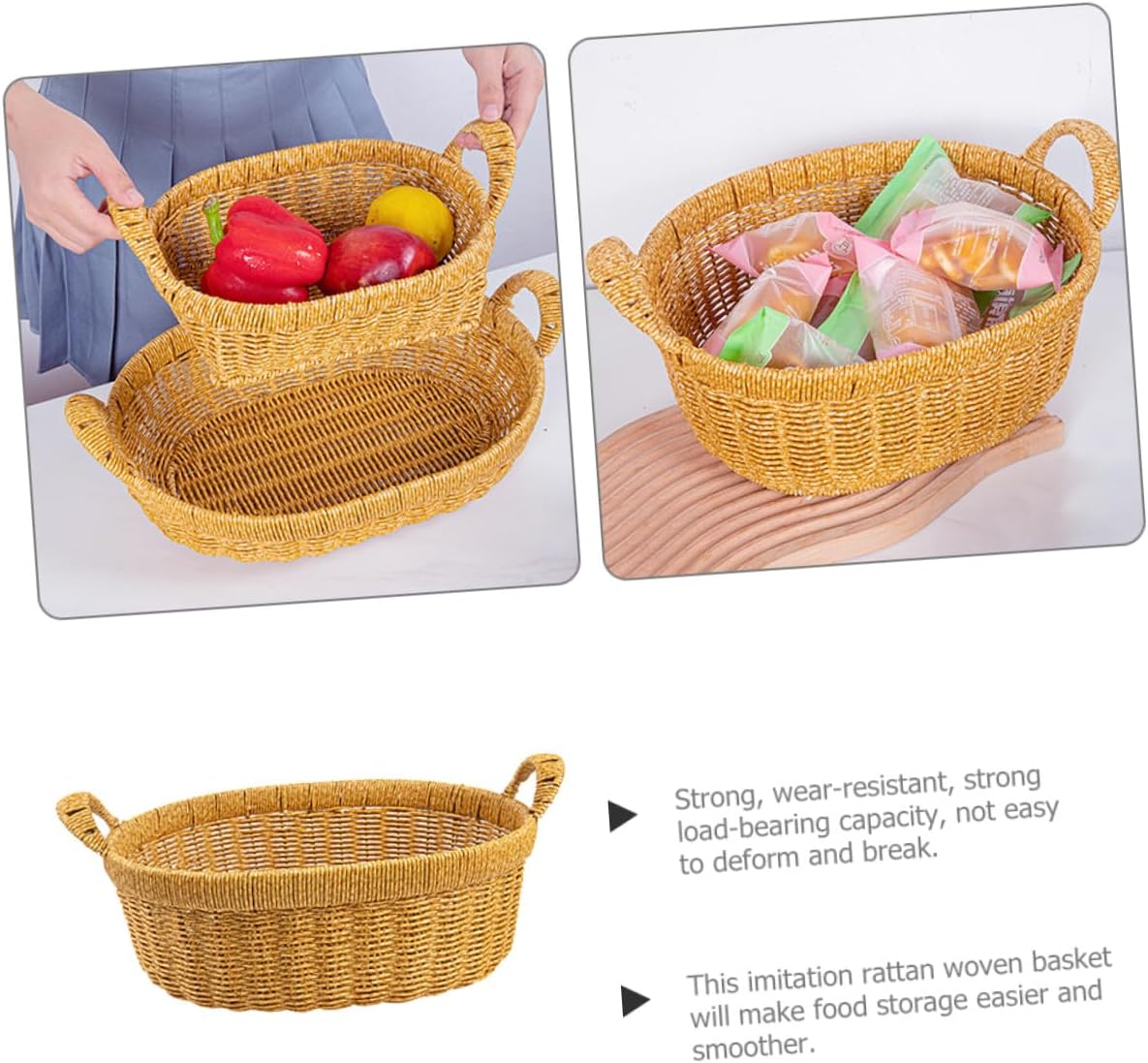 Handwoven Large Oval Bread and Fruit Basket with Double Handles, Deep Light Coffee Simulated Rattan Snack Serving Tray for Home Kitchen and Outdoor Picnic Storage