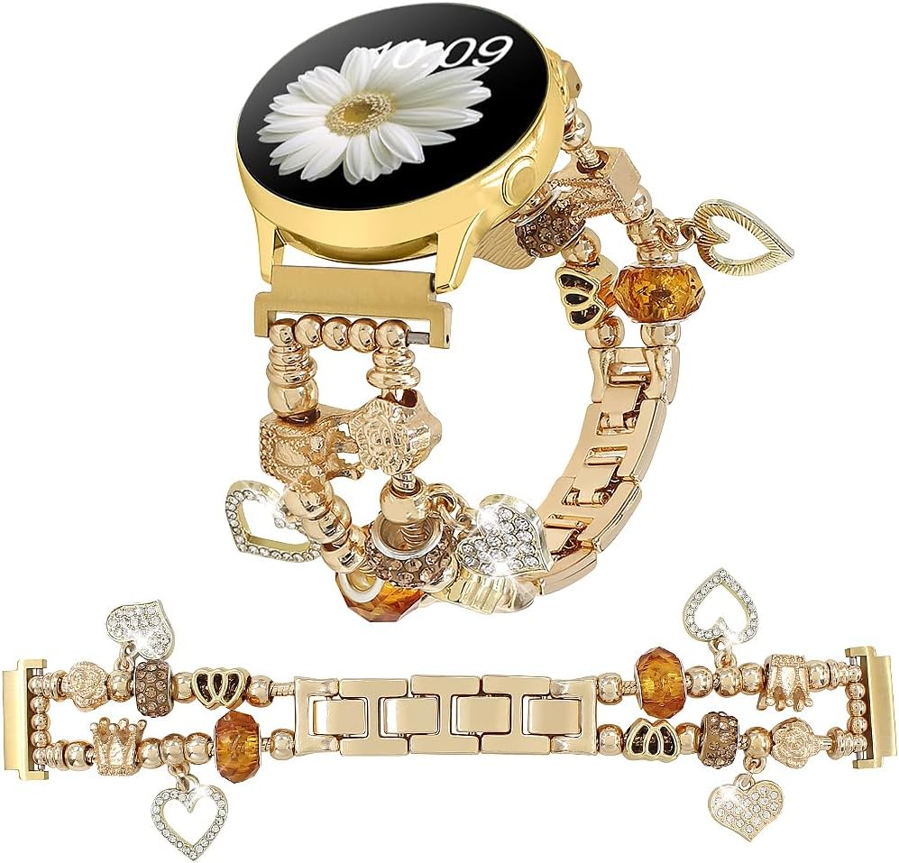 Stylish Metal Band for Samsung Galaxy Watch 7 Band/FE 6 5 4 40mm 44mm Women, 20mm Pandora Beaded Charms Bracelet Strap for Watch 6 Classic 43mm/Watch 5 Pro/Watch4 Classic 42mm/Galaxy Active 2 Gold Love+Gold