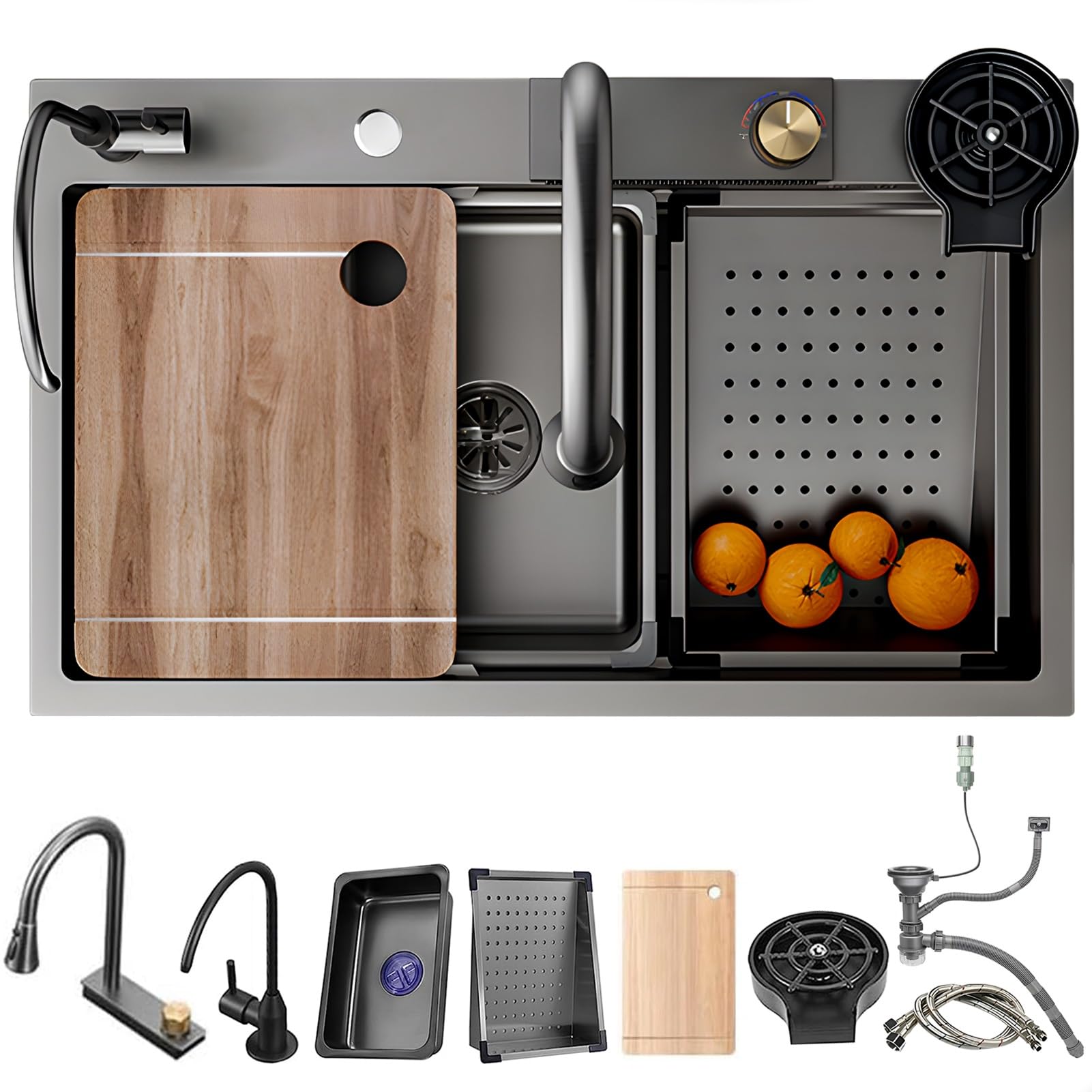 ZQFHSX Multifunctional Kitchen Sink Made of Stainless Steel with Waterfall Effect, Large Workstation Sink, Single Bowl Attachment Mounting, Drain Button and Complete(Black GreyA,80x50cm)