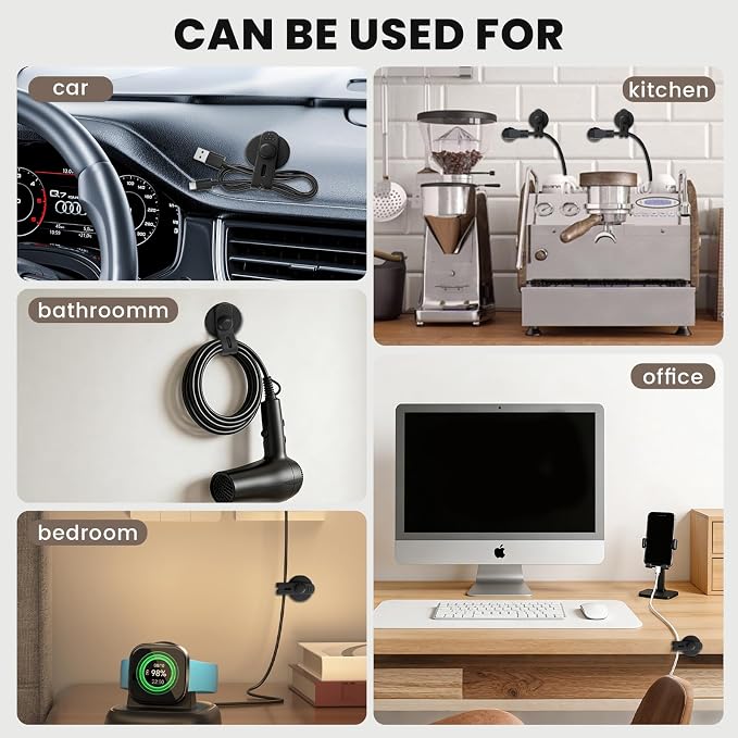 12 unidades de organizadores de cables para debajo del escritorio, tiras de sujeción de cables de silicona, organizadores de cables ajustables, clips de cables autoadhesivos con respaldo pegajoso para cables de datos y cables de alimentación de aparatos miniatura 7