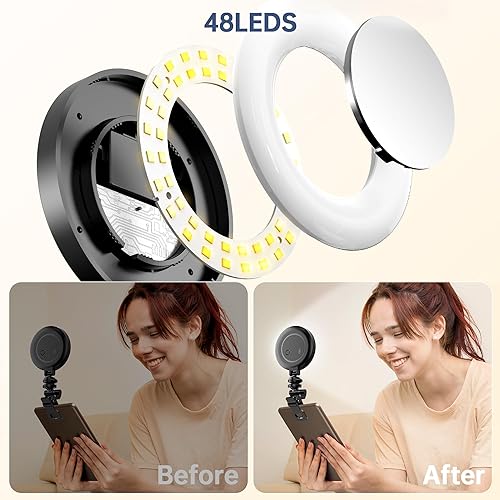 Miniatura 3 de Anillo de luz con clip, luz para selfie, 48 LED recargable con clip de relleno, luz de video ajustada, 3 modos de luz, anillo de luz para selfie,