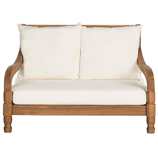 SAFAVIEH Outdoor Collection Pomona Natural Solid Wood/Beige Lounger Bench Sofa Loveseat (PAT6740A)
