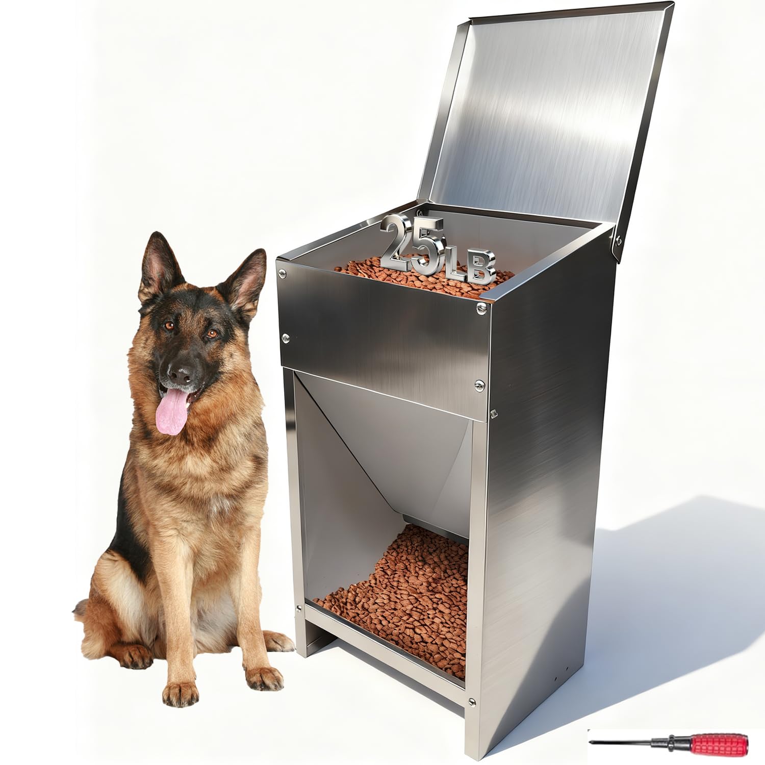 Distributore automatico di cibo per cani di taglia grande, distributore automatico di cibo per animali domestici all'aperto con capacità di 11,5 kg, distributore automatico di cibo in acciaio inox con