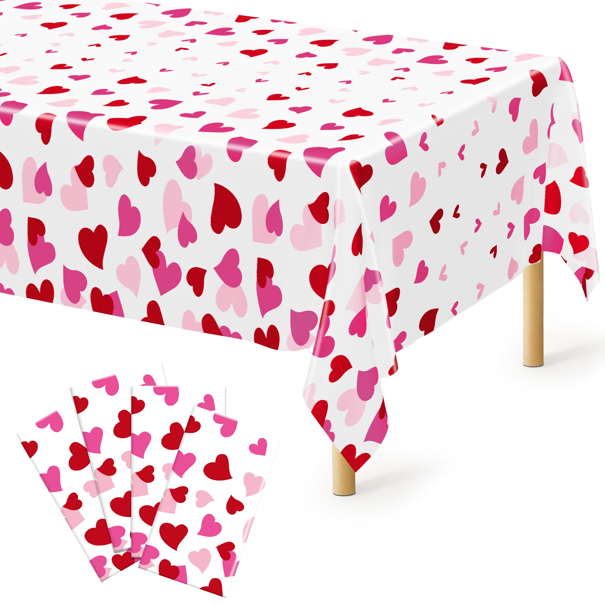4 Pack Valentines Decorations, 108 X 54 Valentines Tablecloths, Heart-shaped Disposable Red Pink Tablecloths Love Plastic Table Cover, Galentines Decorations Party Supplies for Wedding Birthday