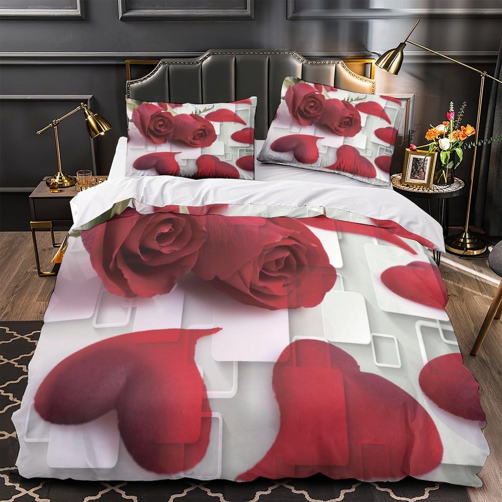 Parure de lit respirante et anti-pli roses rouges housse de couette 260x220cm