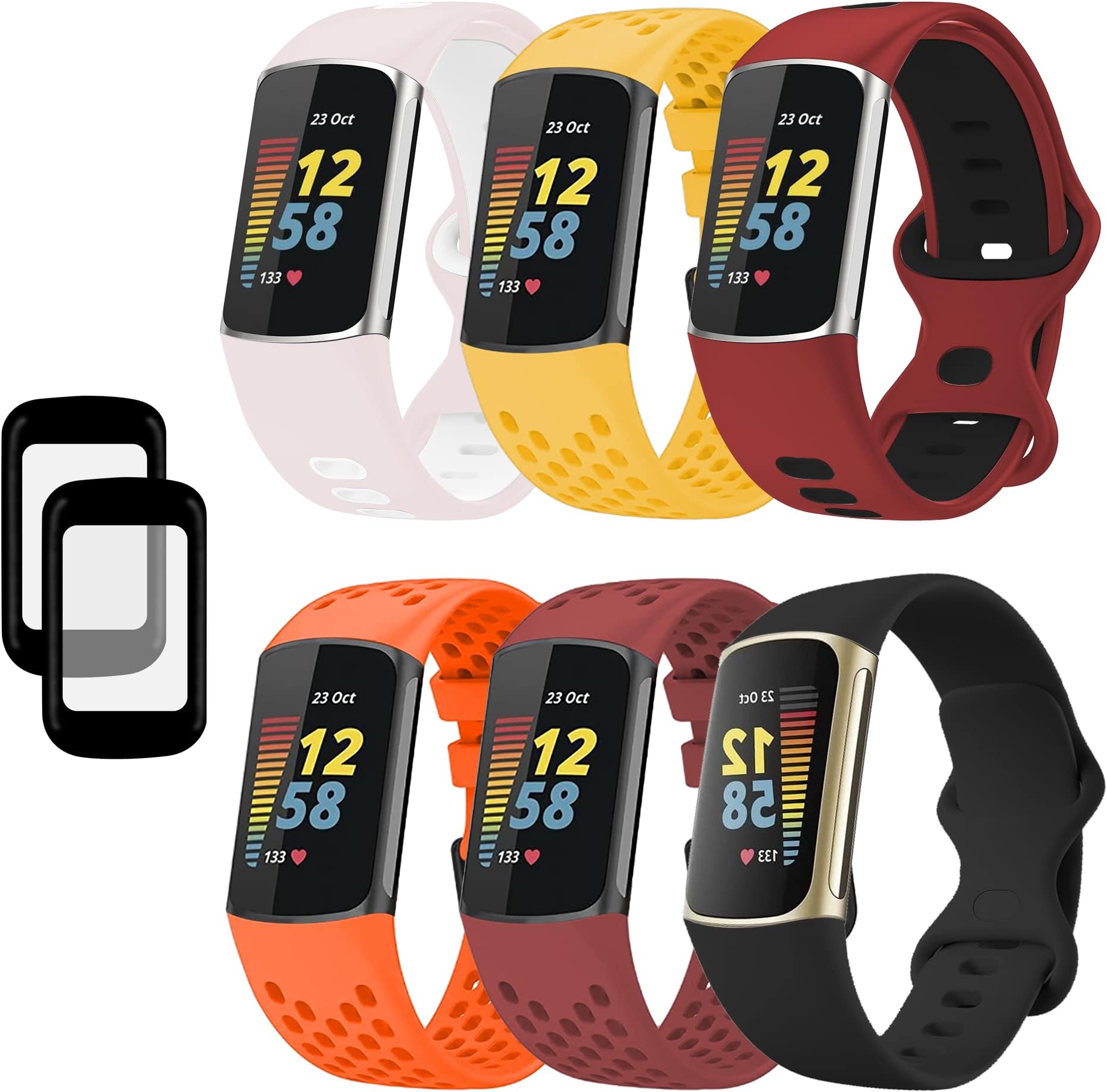 Moxedo Optimum Bundle Pack of 8, Multi-Color Silicone Replacement Strap Band with Screen Protector Compatible For Fitbit Charge 5