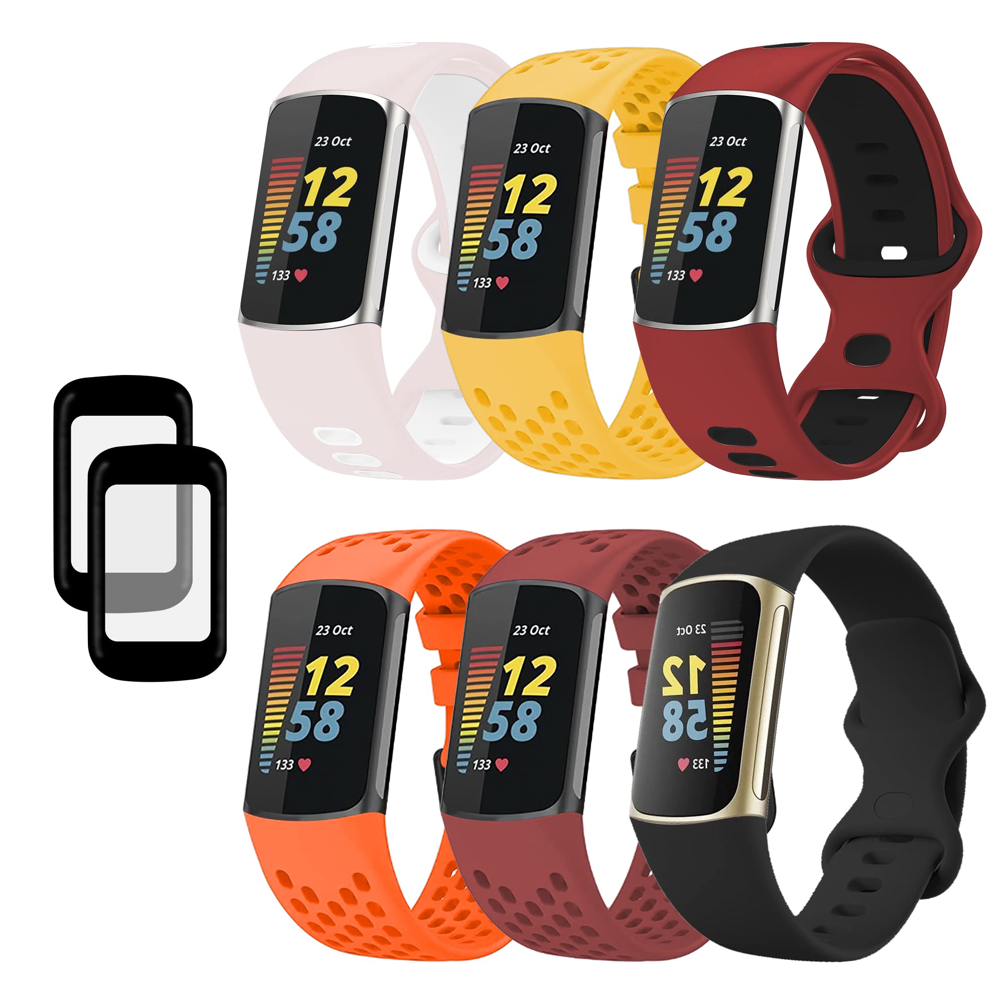 Moxedo Optimum Bundle Pack of 8, Multi-Color Silicone Replacement Strap Band with Screen Protector Compatible For Fitbit Charge 5