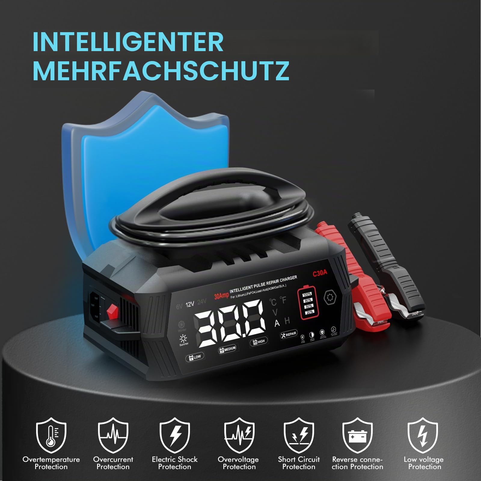 Haisito 30-Amp Batterieladegerät für Lithium/LiFePo4/Blei/Säure/Tiefzyklus (AGM/Gel), 6V/12V/24V Batterieladegerät und Erhaltungsladegerät, Erhaltungsladegerät für Auto-LKW-Motorrad-Rasenmäher-Marine