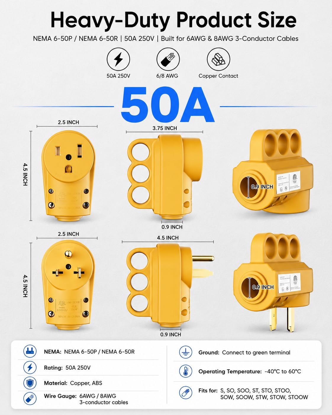 1 Pack 2-in-1 NEMA 6-30P & 6-50P Male Plug Heavy Duty 220 Plug 3 Prong, 30/50 Amp Power Plug for Welder/Generator, Industrial Grade, Grounding, 50 amp 3 Prong Plug, ETL Listed, Yellow