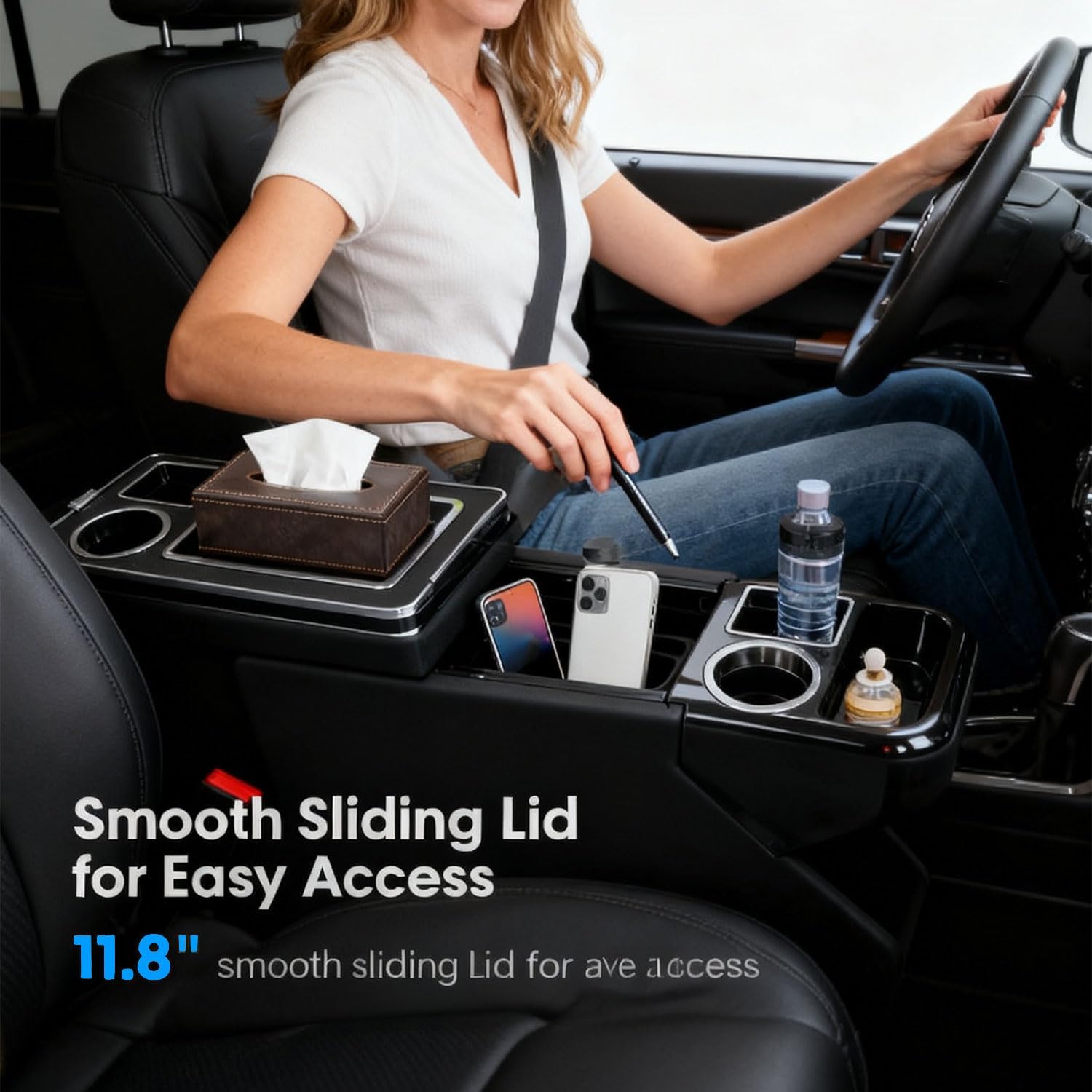 Center Console Organizer for Trucks, Minivans & SUVs, Between Seat Storage, 7.1" Width Sliding Lid Design with Dual Cup Holders, Adjustable Fit for Back Seat Console