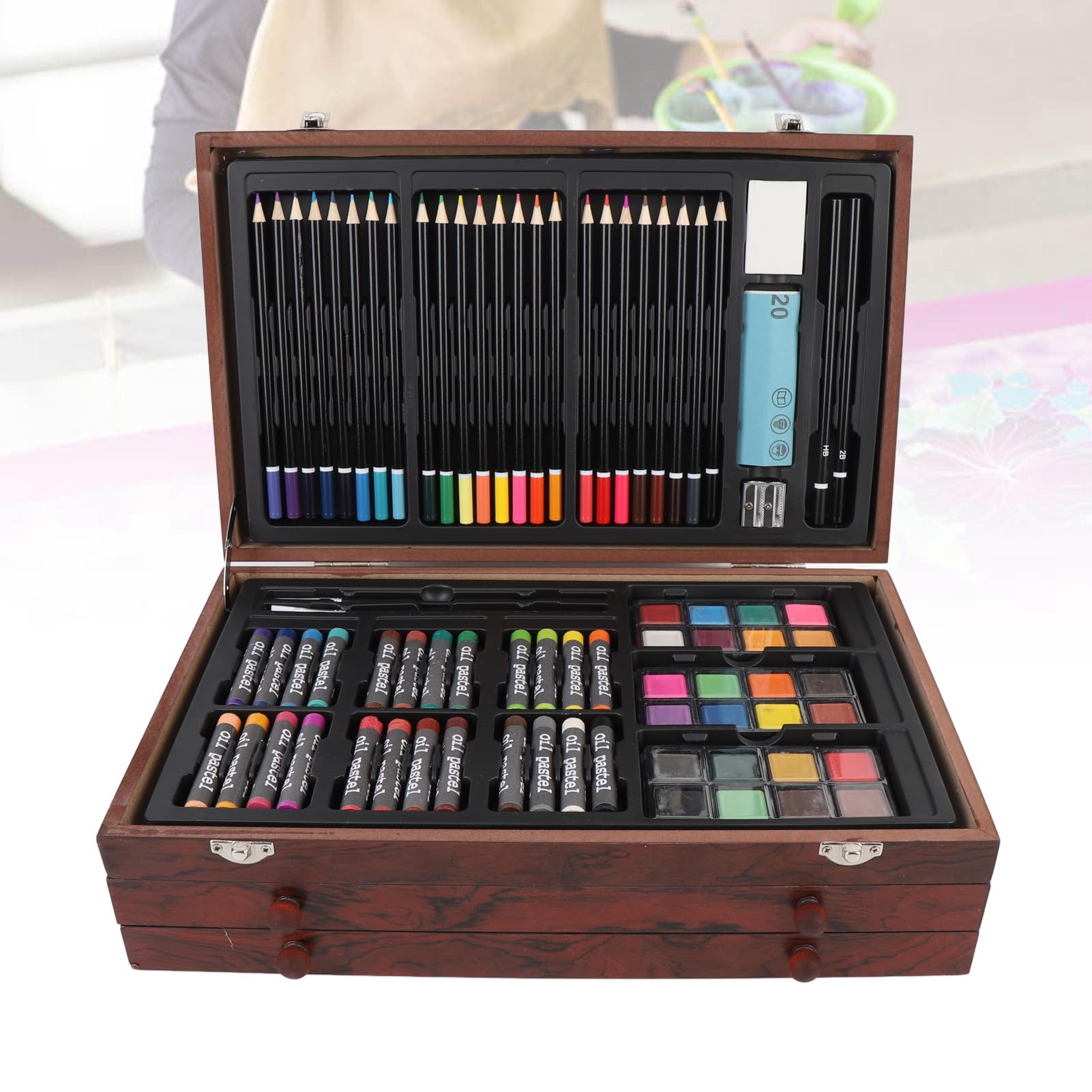Lot de 142 crayons d'art en bois, 24 crayons de couleur, 24 pastels à l'huile, 60 crayons de couleur, aquarelle, gommes, rouleaux de crayon et livres de croquis
