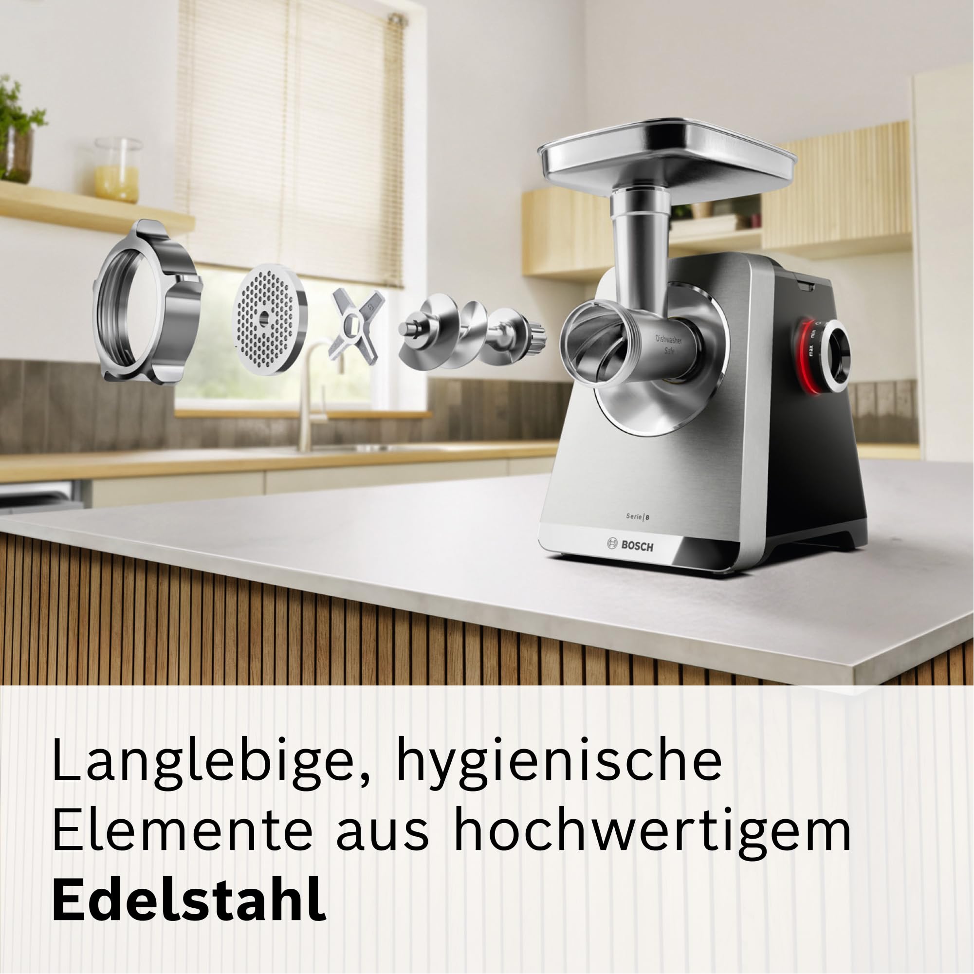 Bosch Fleischwolf Serie 8, 3 Lochscheiben (3/4,5 / 8mm), Edelstahl, spülmaschinenfest, Kebbe- & Wurst-Aufsatz, Durchlaufschnitzler, Motorblockleistung 2.500 W, elektrisch, MultiPower MFWS840M