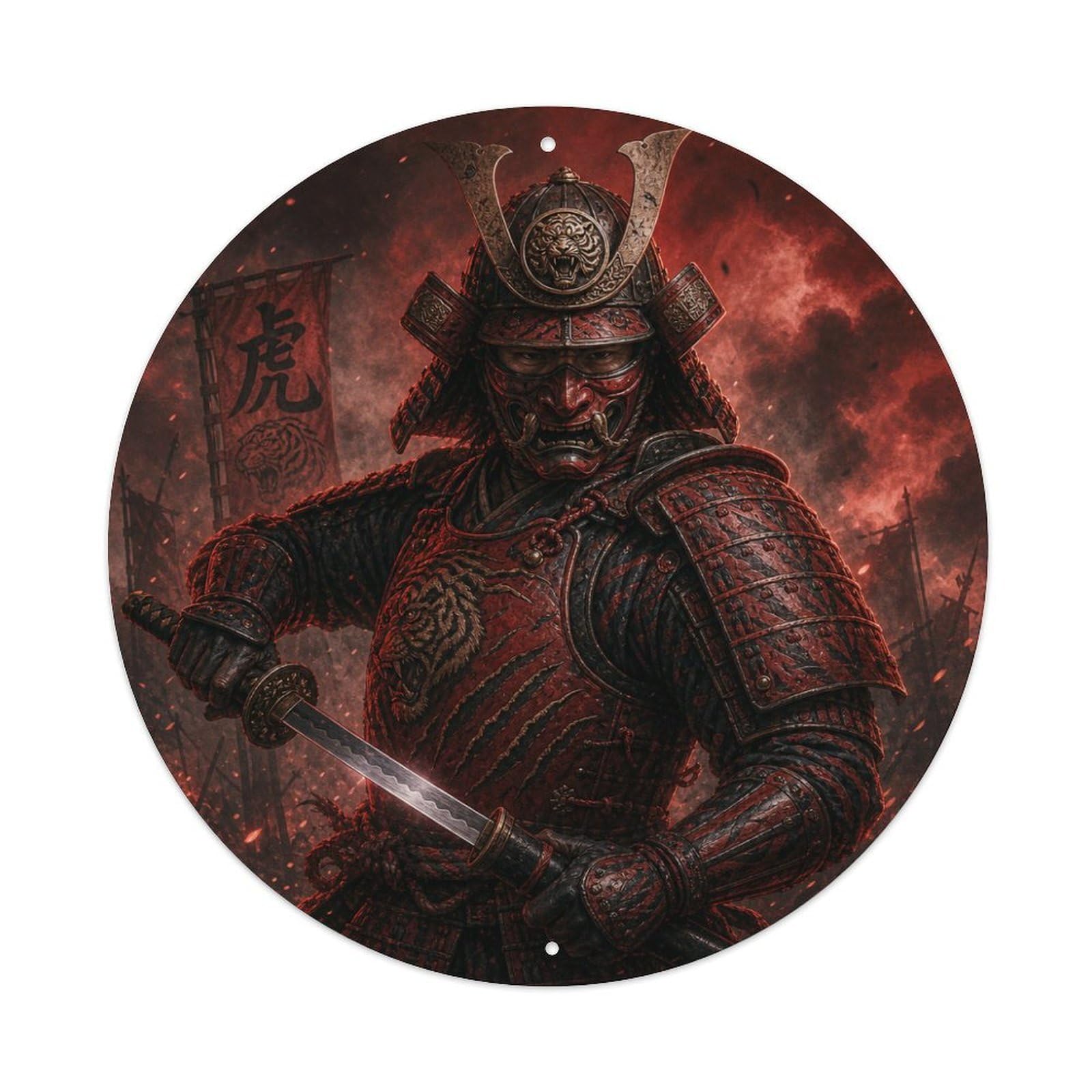 Okngb Style Masked Garnet Dark Red Single Hand Draw Samurai Crest Metal Tin Sign Plaque Wall Decor For Cafe, Man Cave, Club Bar, Office, Home Garden Round Metal Poster 8X8inch