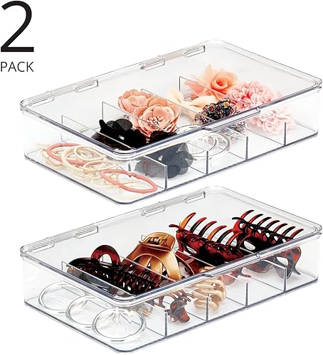 Miniatura 2 de mDesign Caja organizadora apilable de plástico dividida para cabello, maquillaje y joyas con tapa de bisagra para encimera de tocador de baño, 5