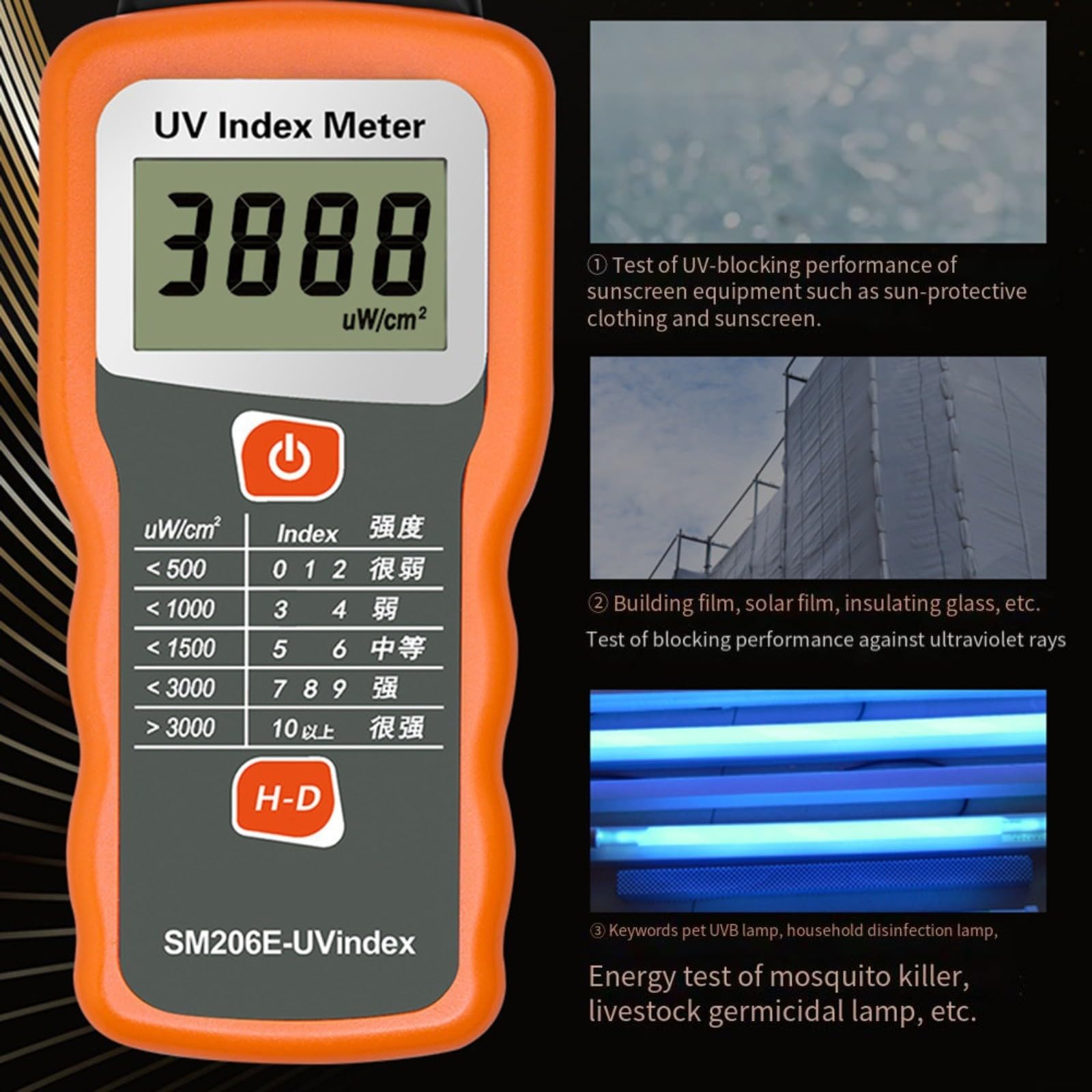 SM206E Digitaler UV-Index-Messer Strahlungsdetektor für UVA+UVB 280–370nm mit Hochauflösender LCD-Anzeige, Spitzenwertspeicher, Laboroptik sowie für IR/UV-Blockierungstests