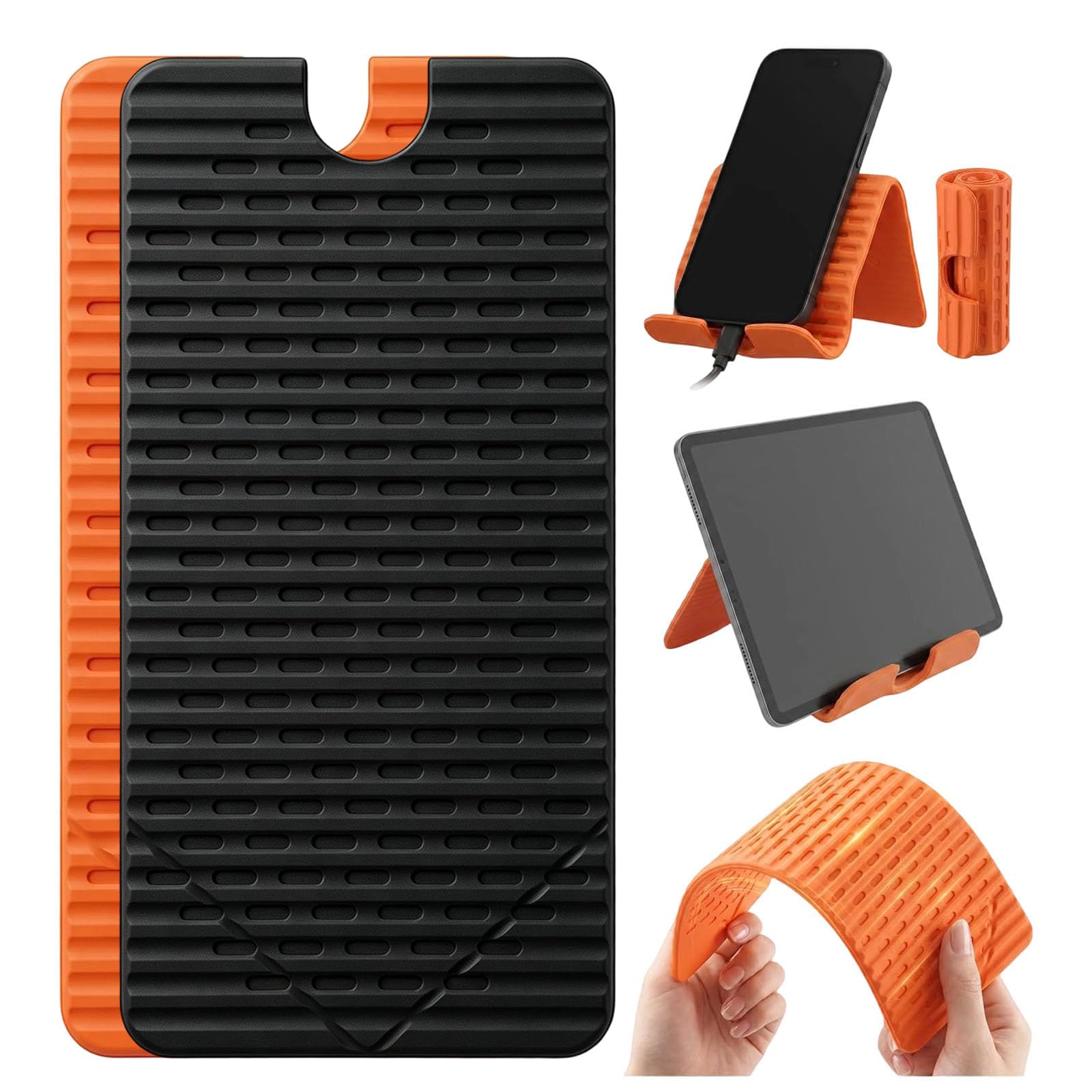 2pcs mobile foldable stand for desk, flexible silicone phone stand holder, adjustable viewing angle for video watching and online classes, compact travel design for pocket storage, black and orange