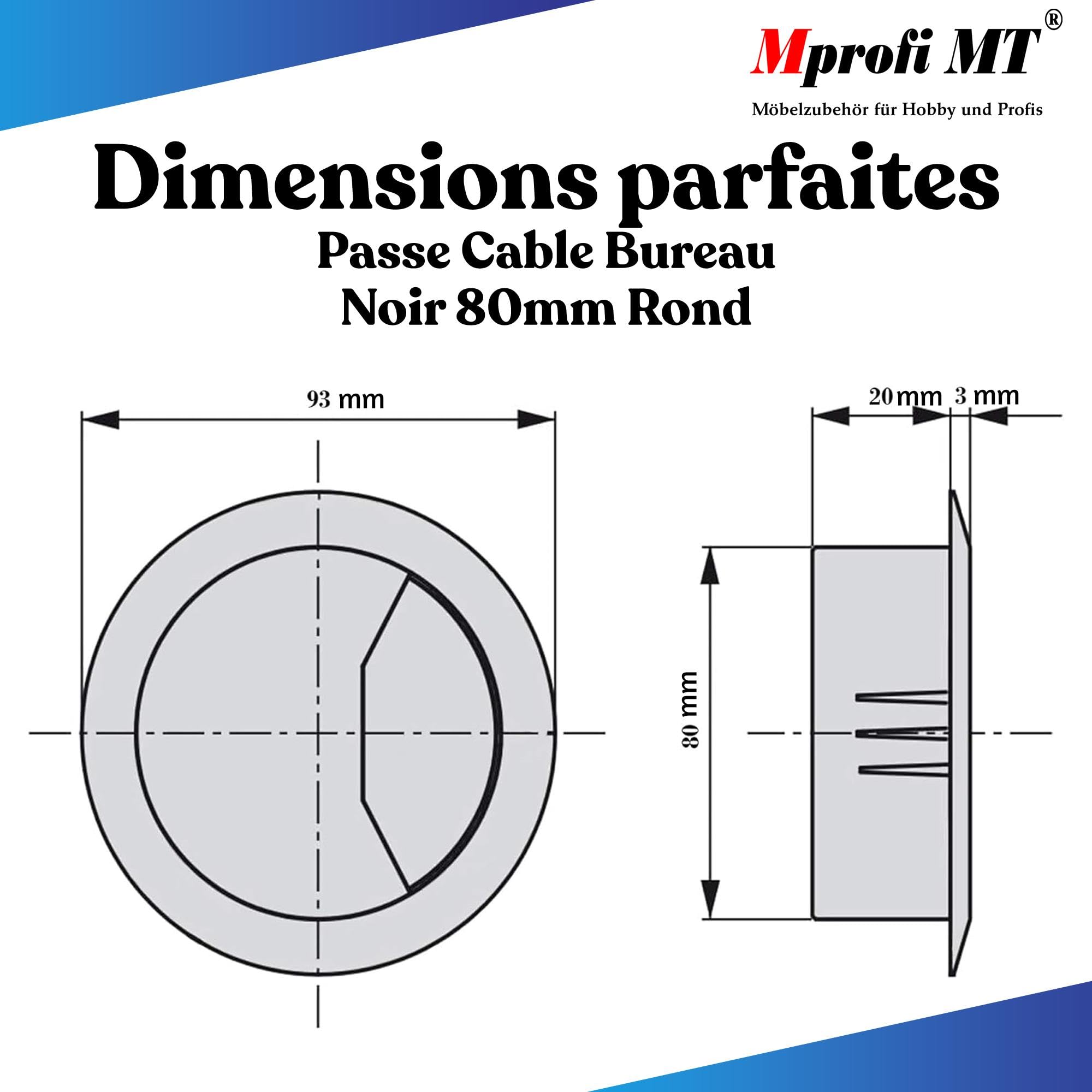 Mprofi MT® 10 Pièces | Passe Cable Bureau Noir Ø 80mm | Passages de Passe Fil Bureau en Plastique | Cable Management PC Gamer | Organisateur de Gestion des Câbles pour la Maison