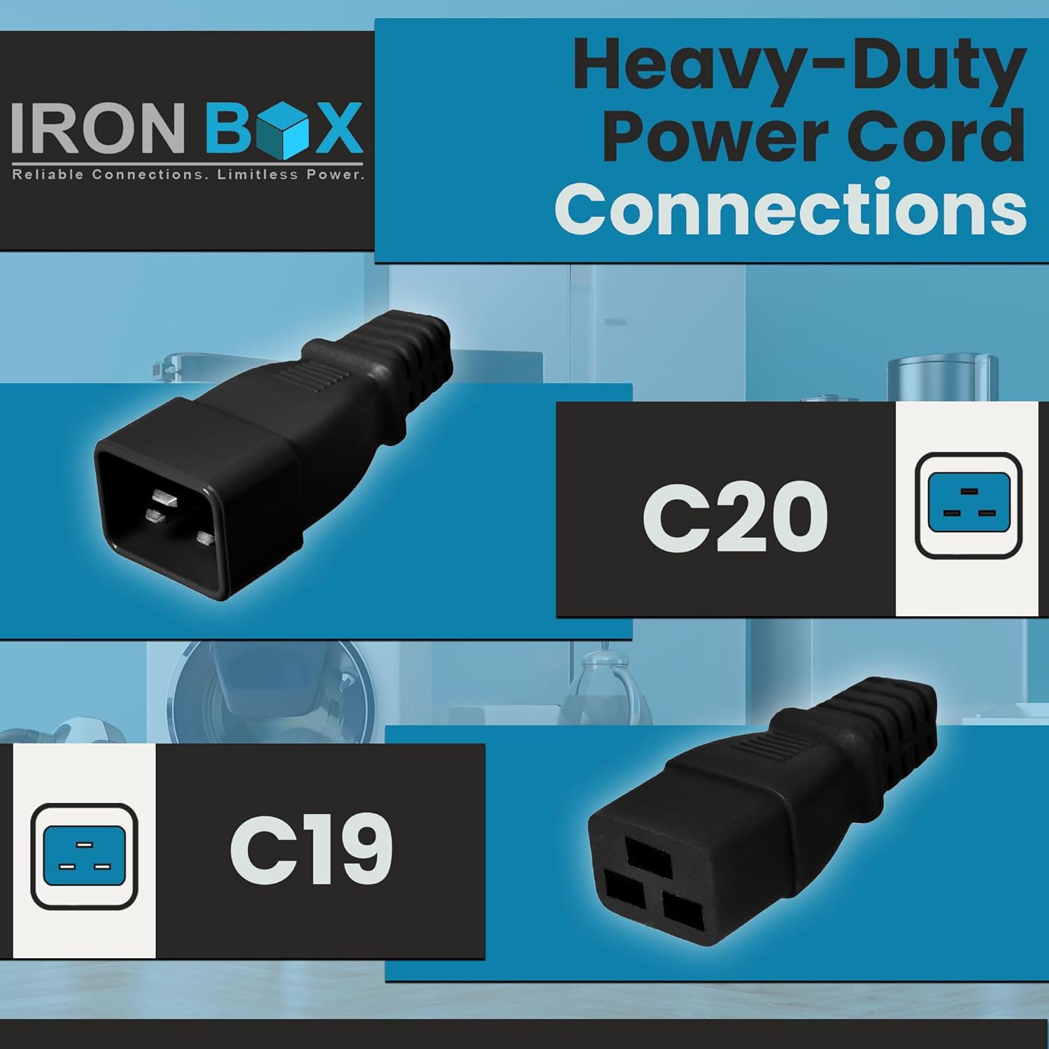 IronBox Electric - Heavy-Duty C20 to C19 Power Cord - 20A/250V Rated, 12/3 SJT IEC 60320 Equipment to PDU Cable - Male End C20 Plug/Female End C19 Connector - UL Listed Power Cable -(Black,25 Foot)