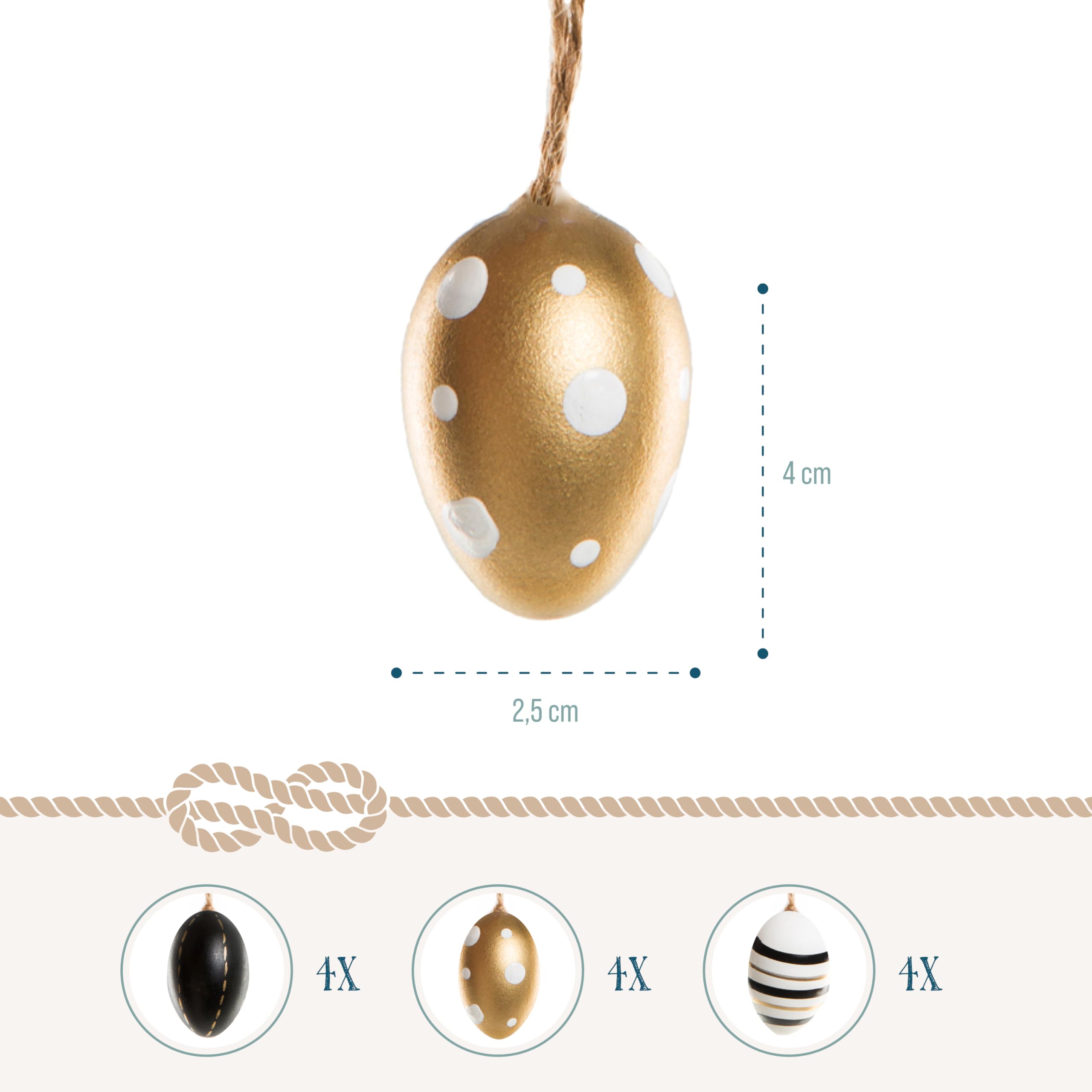 Set Di 6 Ciondoli Pasquali Decorativi 6 Cm – Uova In Plastica Nero, Bianco E Oro Con Pois E Coniglietti – Per Albero Di Pasqua, Regali E Decorazione Casa