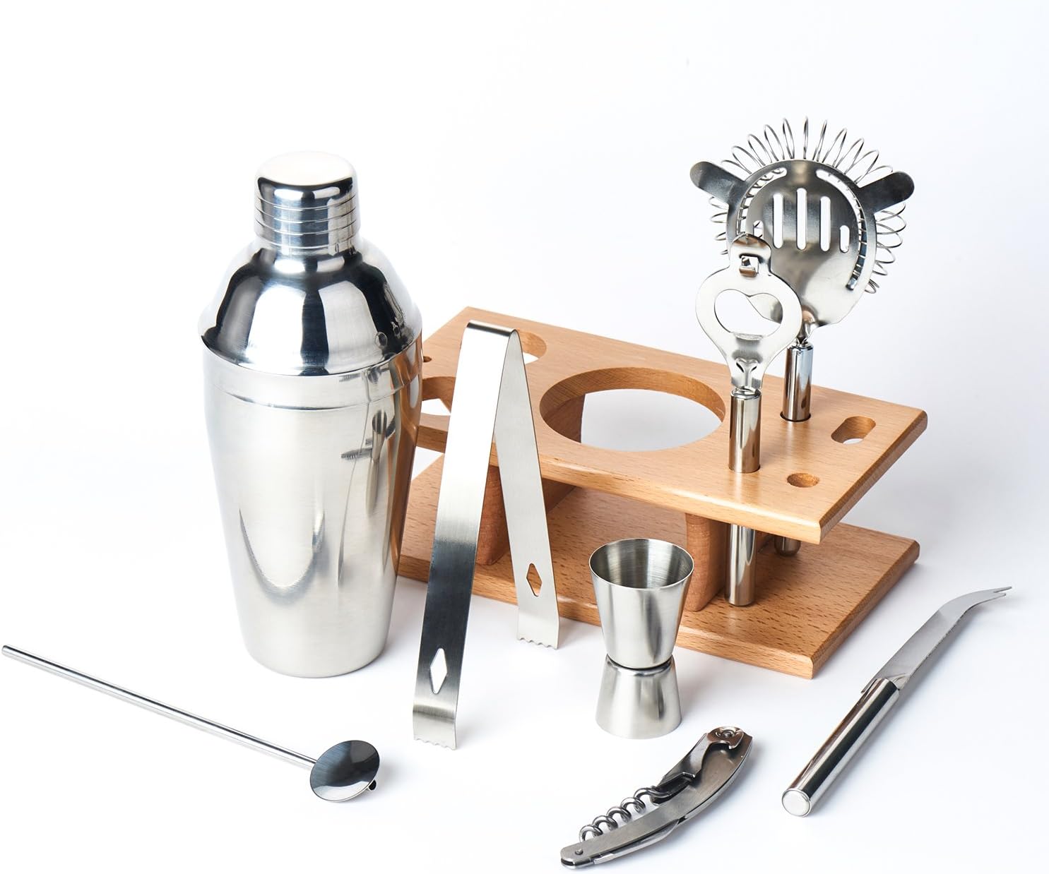 Cocktail Shaker,Orcbeg Stainless Steel Cocktail Shaker Set With Wood Stand,Barware Set, Make Mixed Drinks (8pcs Set 550ML)