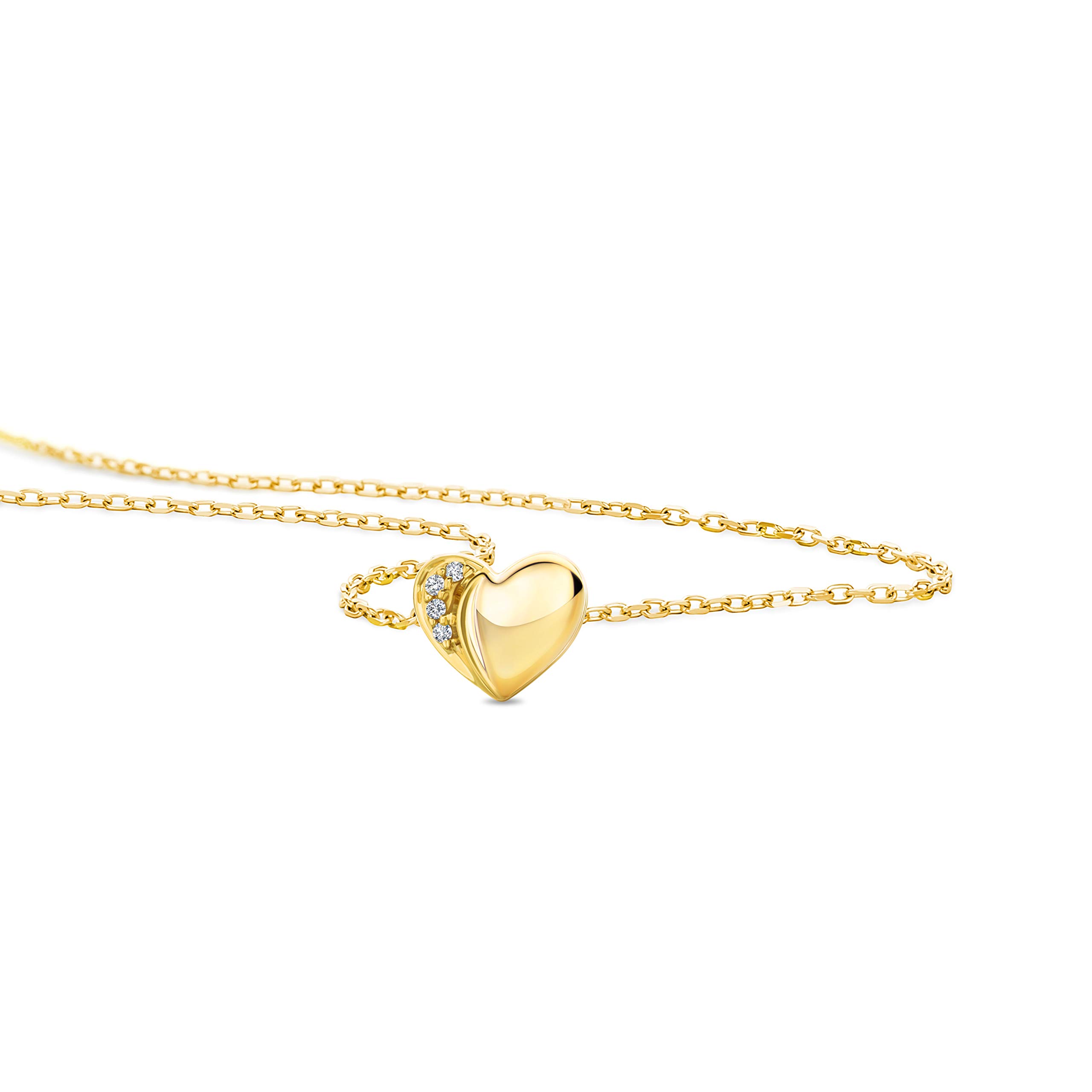 OROVI Schmuck Damen Diamant Herz–Kette Gold mit Herzanhänger besetzt mit 4 natürlichen Diamanten Brillanten in einer Krappenfassung Zeitlose klassische Halskette Weißgold/Gelbgold 9 Karat(375), 45cm