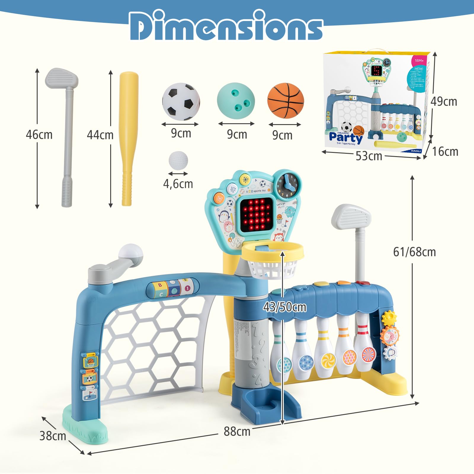 COSTWAY Jouet Sportif 5 en 1 Enfant avec Panier de Basketball & Football & Golf & Bowling & Baseball, Centre d'Activités avec Lumières & Musique & Score LED, Horloge et Cartes pour 18 Mois+