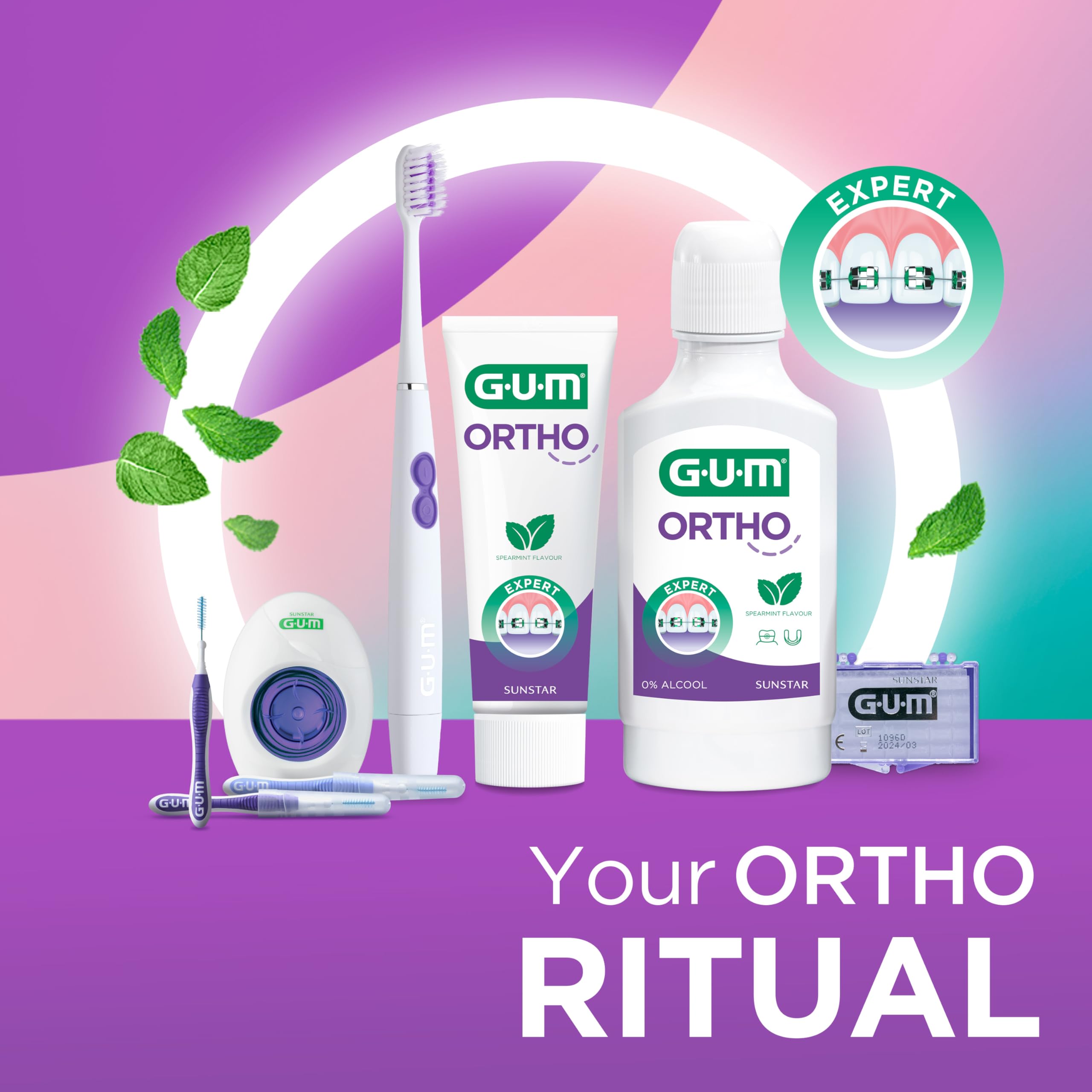 GUM Ortho żel do zębów, specjalnie dla osób noszących aparat ortodontyczny, redukuje powstawanie płytki nazębnej, wzmacnia szkliwo zębów, smak mięty pieprzowej, 6 x 75 ml