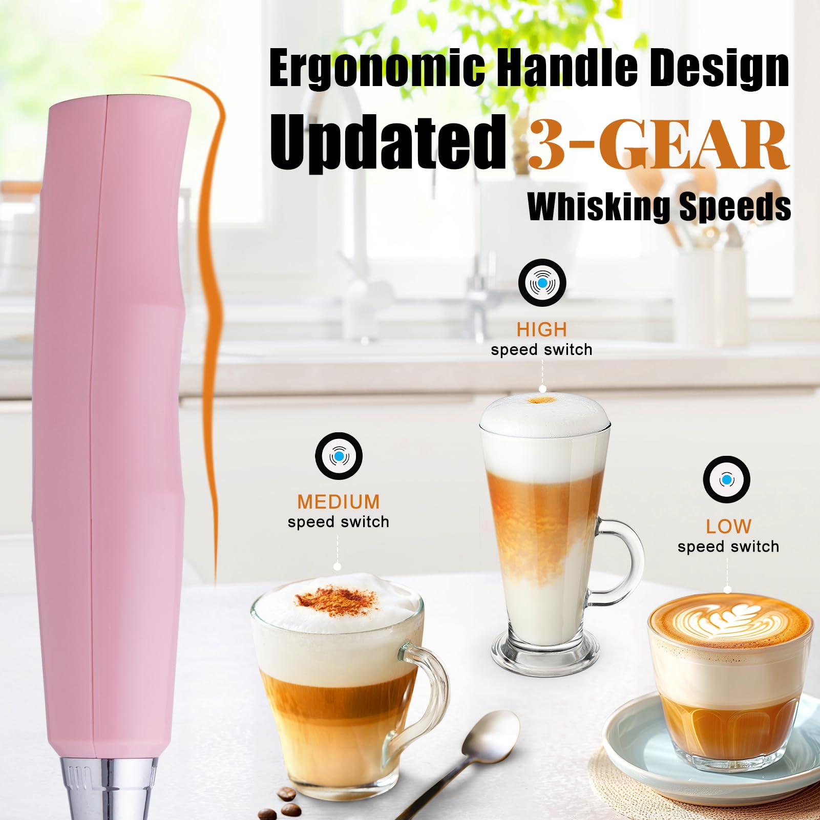 Nahida Mousseur à lait rose pour café, fouet électrique rechargeable avec 3 têtes, 3 vitesses, mousseur à café, mousseur à café pour latte, cappuccino, chocolat chaud, œuf