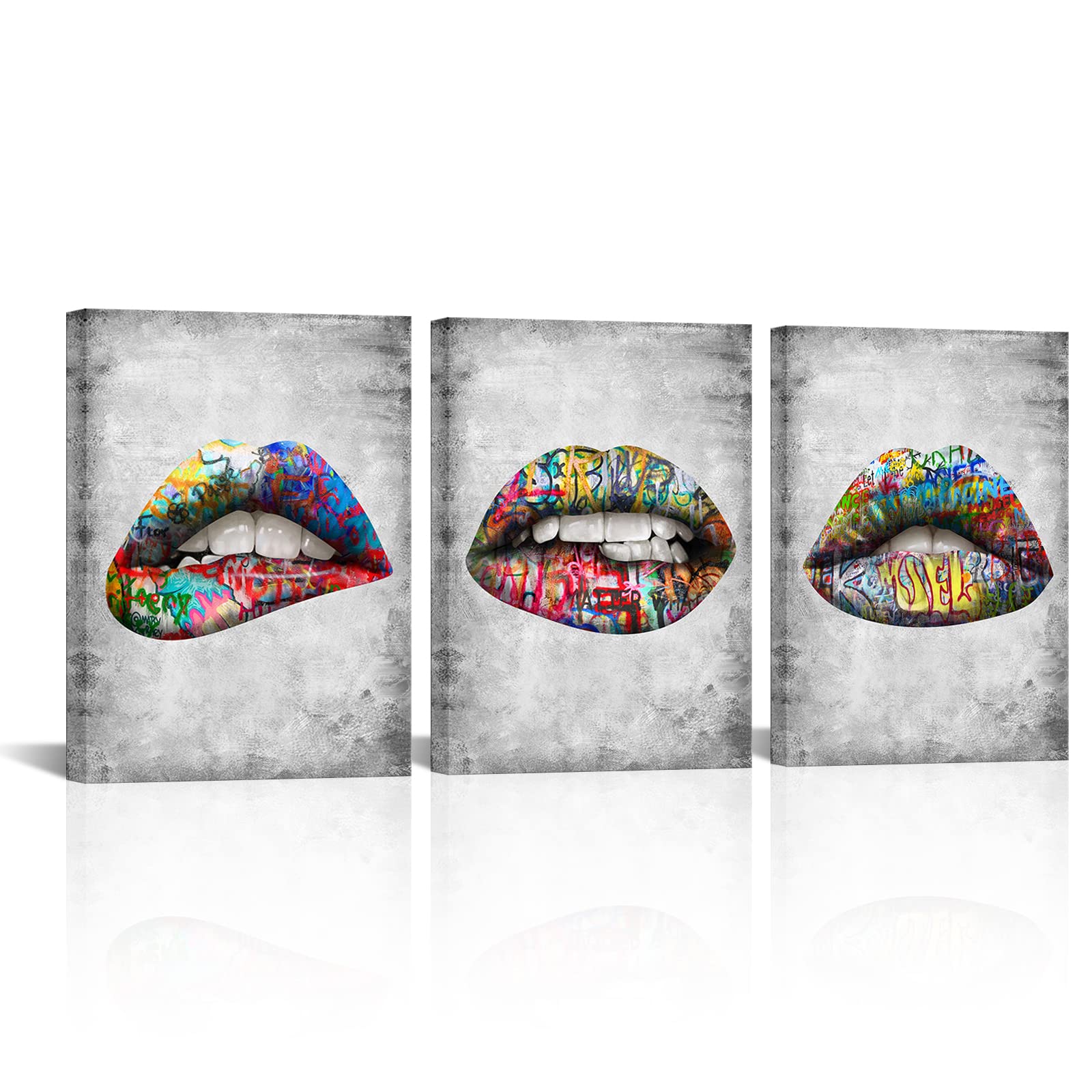 LoveHouse 3 Panel Lips Canvas Wall Art Colorful Women Lip Graffiti Street Art Abstract Canvas Prints Motivational Wall Prints for Bedroom Makeup Room Beauty Salon Decorations 12x16inchx3PCS