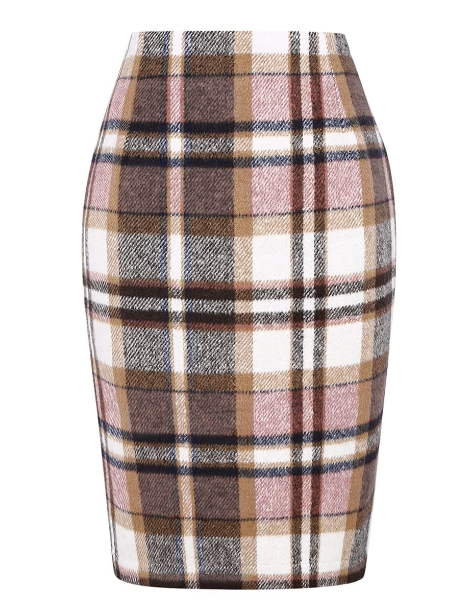 IDEALSANXUN Plaid Skirts for Women Fall Winter Knee Length Pencil Wool Skirt with Slit, Pink, XL
