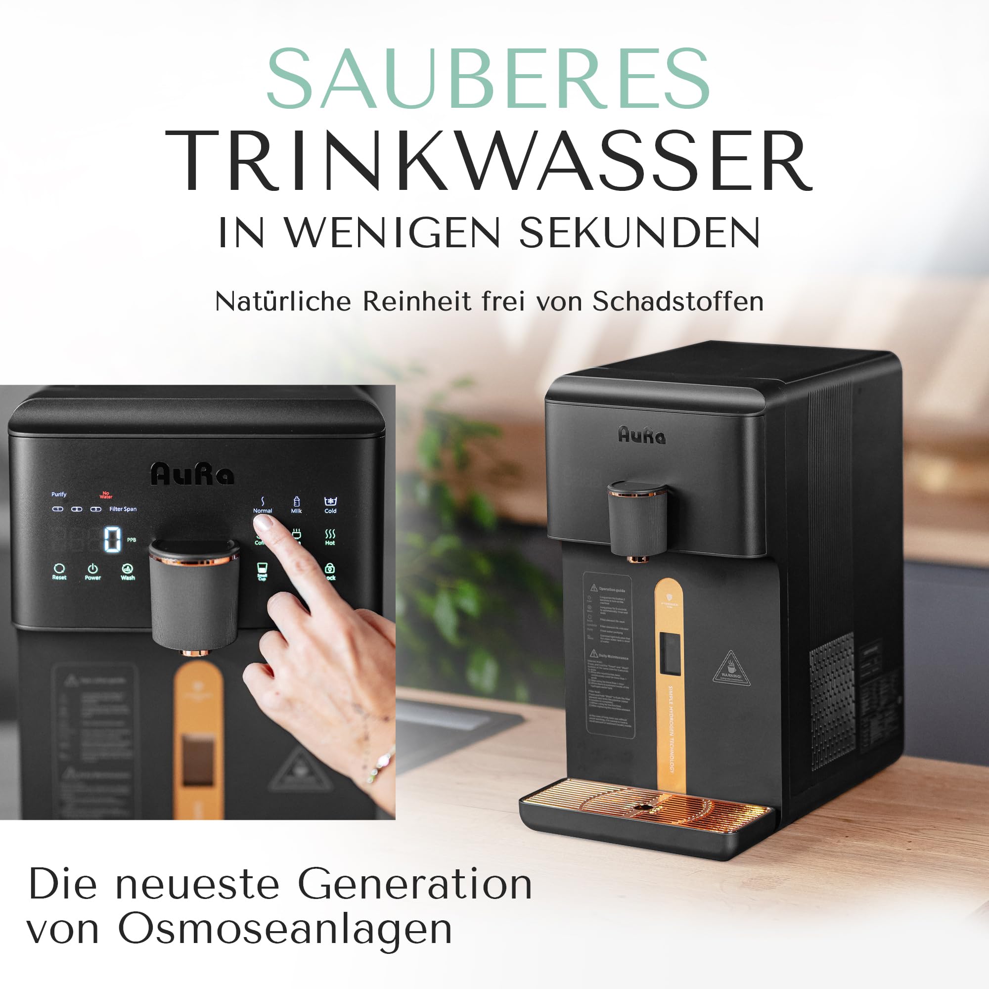 AuRa Osmoseanlage Trinkwasser [Ohne Tank] - Platzsparender Wasserfilter für reines Wasser, Heißwasserspender, Wasserstoff-Wasser Spender, Umkehrosmoseanlage, Osmose-Wasserspender für Zuhause