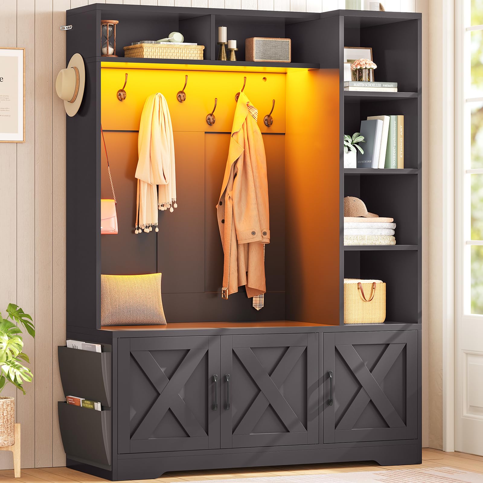 Itaar Hall Tree with Bench and Shoe Storage, Farmhouse Entryway Bench with Coat Rack, Shoe Cabinet with Adjustable Shelves, 6 Storage Cubbies, 10 Coat Hooks, Storage Bag, Led Lights, Black