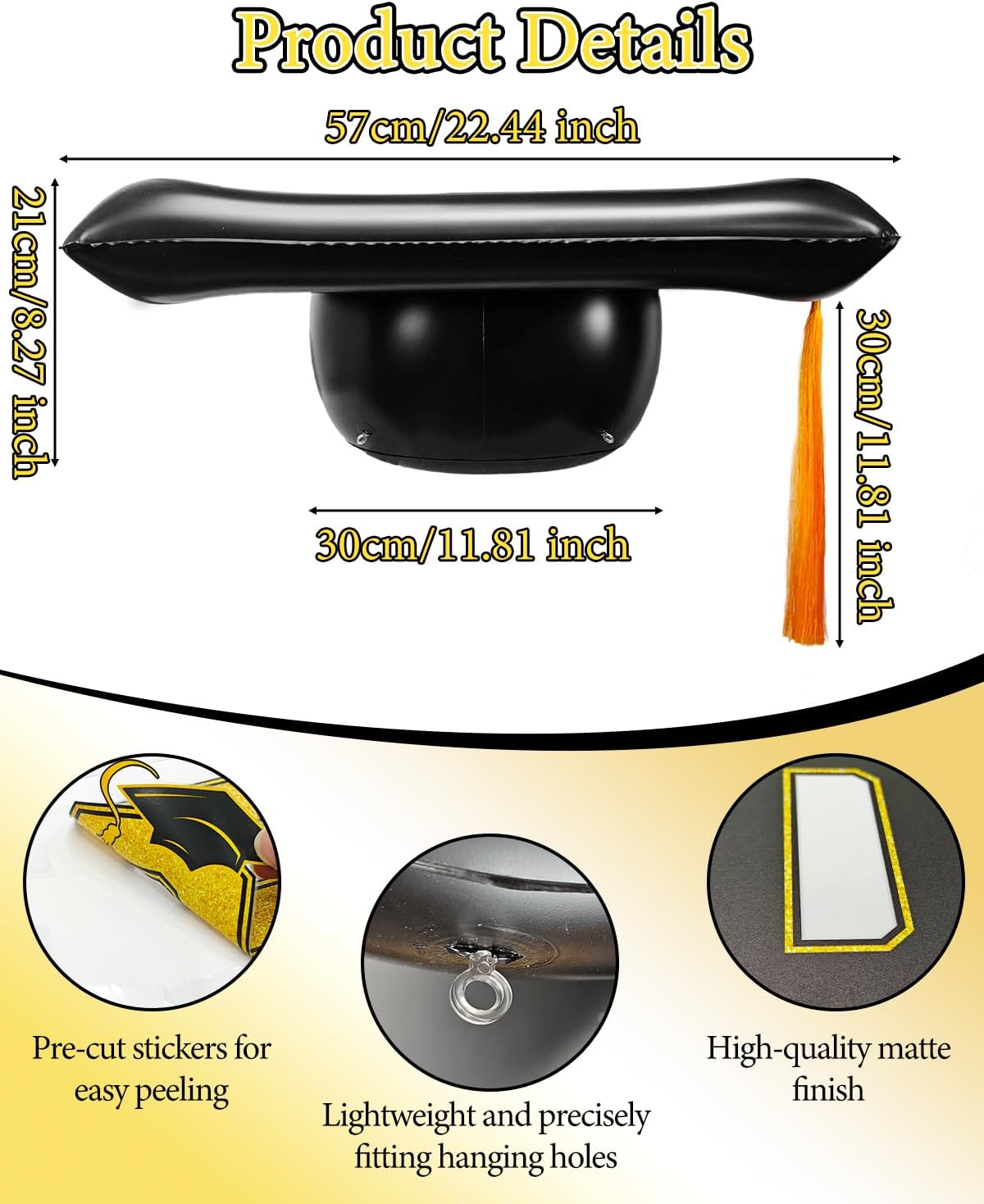 Yigney 23 Inch Large Inflatable Graduation Cap - With 2026 Graduation Car Static Stickers Decoration 25Pcs for Parade Decor Graduation Party Supplies