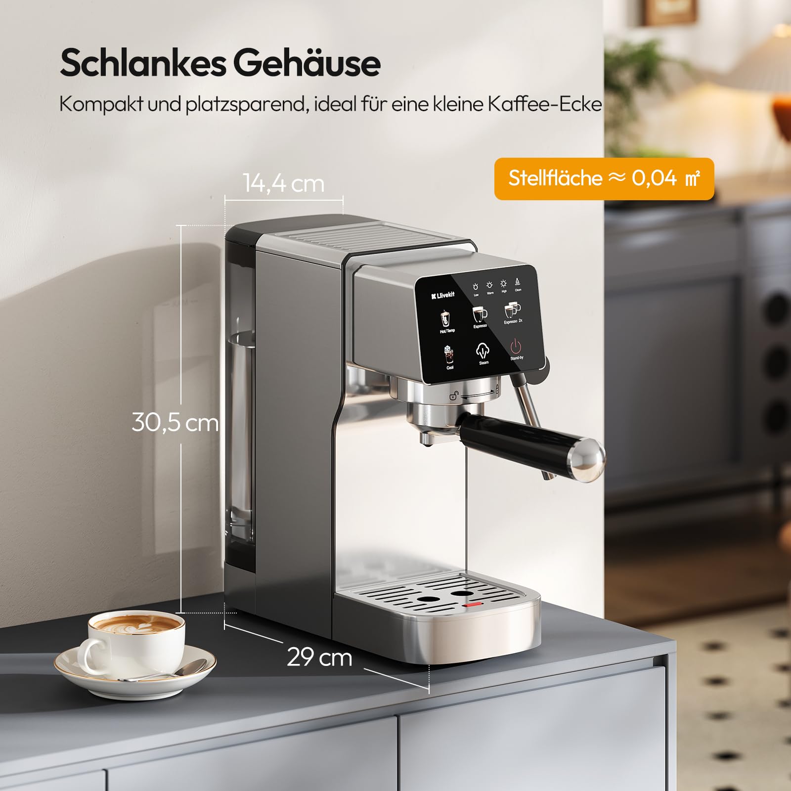 LLIVEKIT Siebträgermaschine, 20 Bar Espressomaschine mit Milchaufschäumer, 3 Temperaturen, Kapsel & Kaffeepulver geeignet, 1,2 L Wassertank, Kompakte Espressomaschine für Cappuccino Latte, Edelstahl