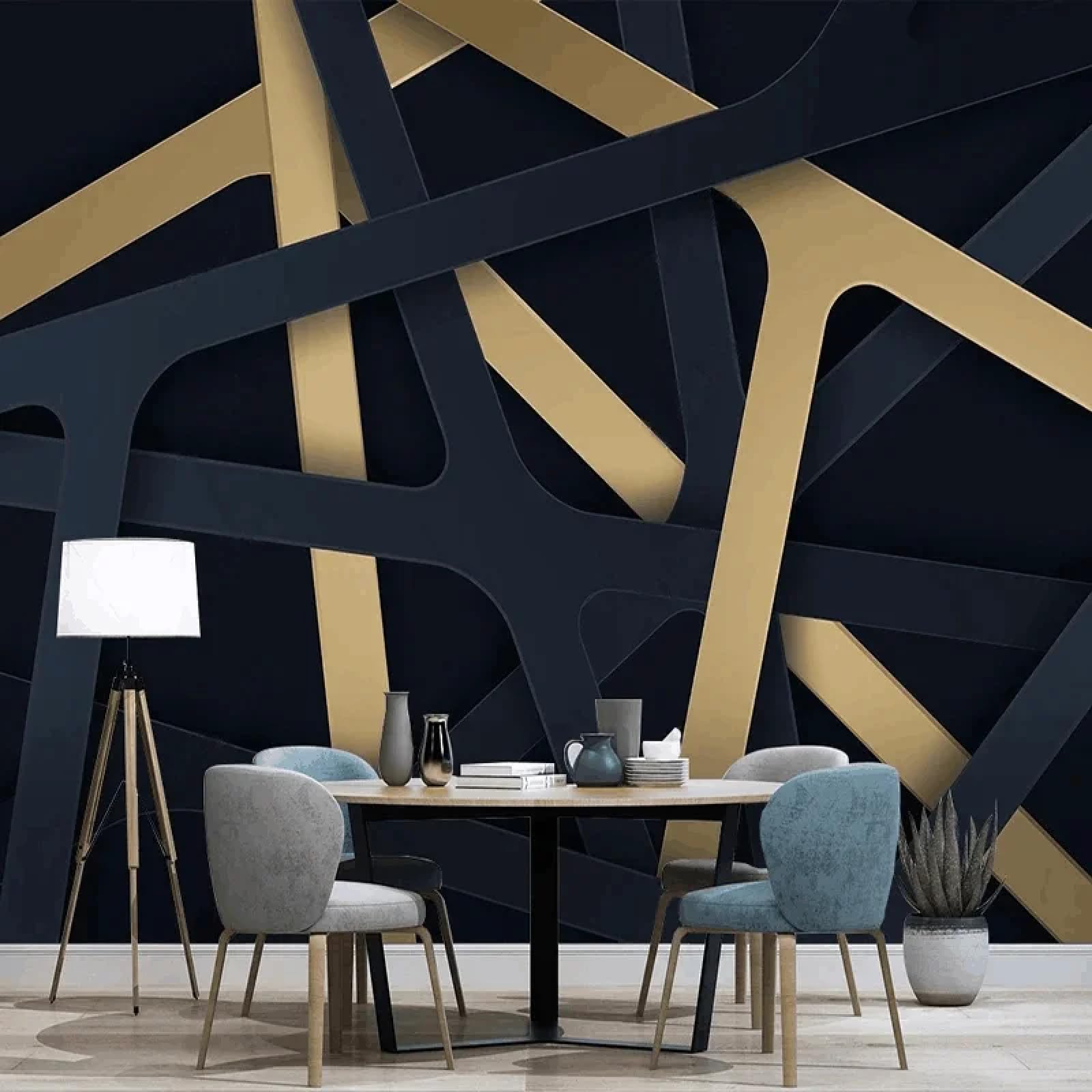 Peintures murales de fond de canapé chic avec reliefs géométriques dorés