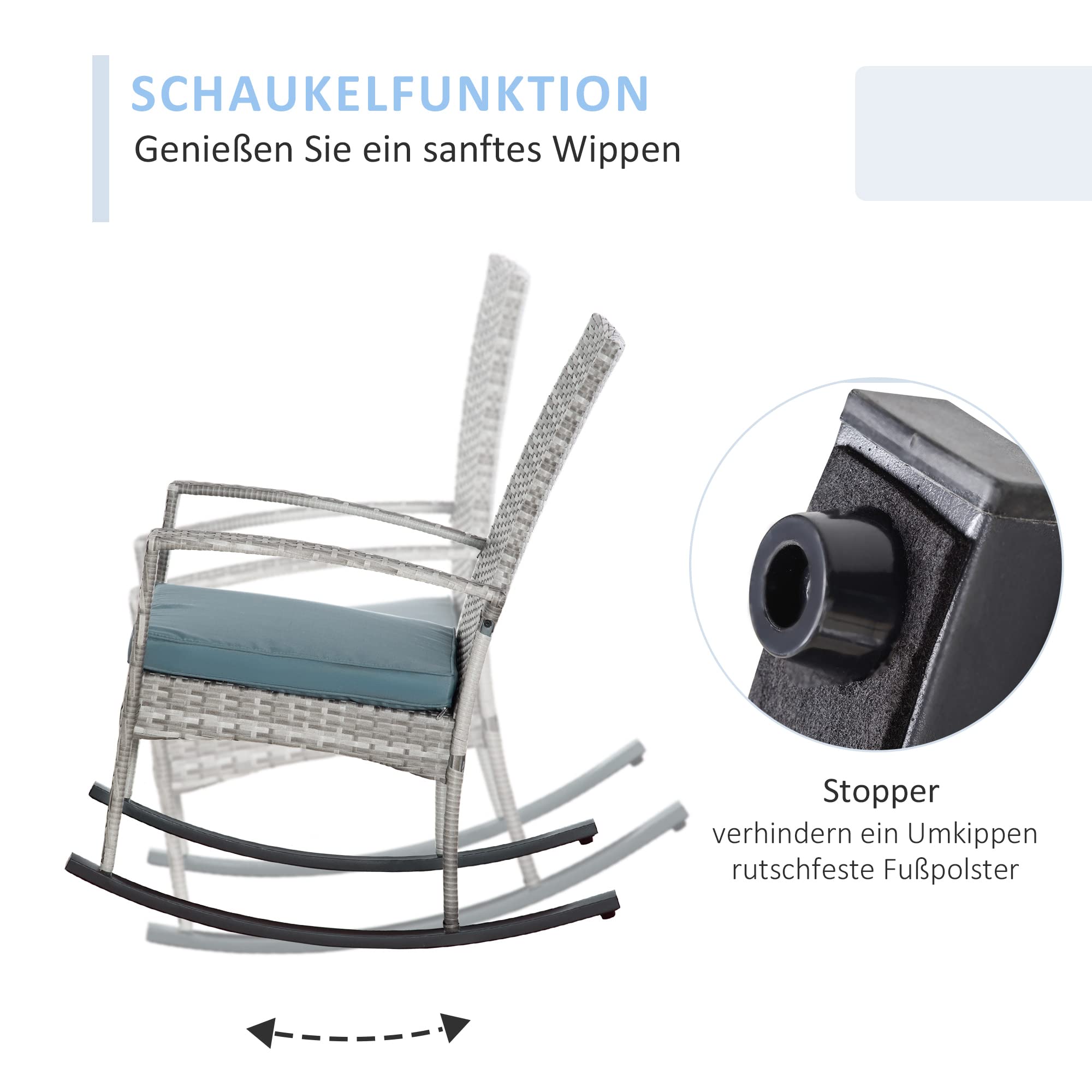 Outsunny Schaukelstuhl Schwingsessel Gartenstuhl mit Kissen, Polyrattan+Metall, Grau, 66 x 88 x 98 cm