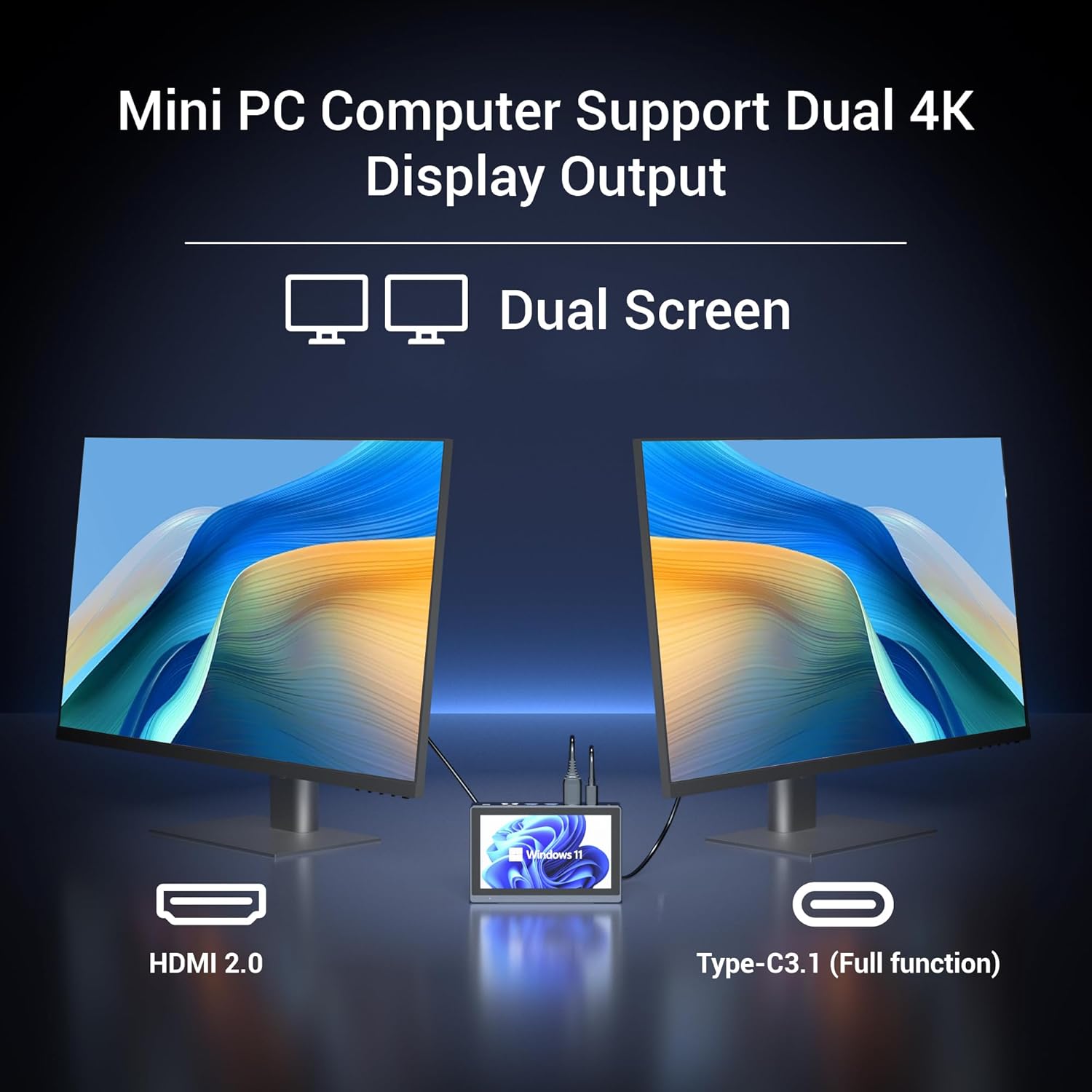 mini pc with Screen Mini Computer with Display 5.5 inch, Touchscreen, Celeron J4125, 8GB 256GB ROM Micro PC Desktop Dual 4K@60Hz Output HDMI 2,0 & Type-C3.1, 5000mAh, WiFi5,0, WOL RJ-45